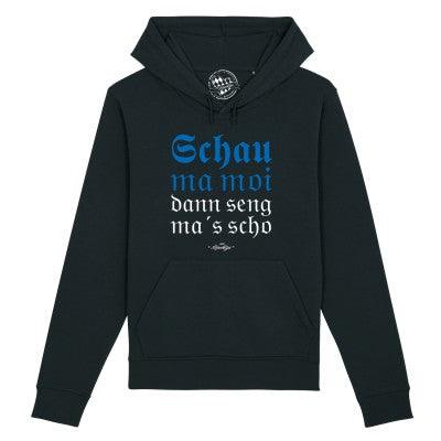 Damen Hoodie in Rosa mit weißem Frontprint „Schau ma moi“, Kapuze, Kängurutasche, Bio-Baumwolle-Mix.