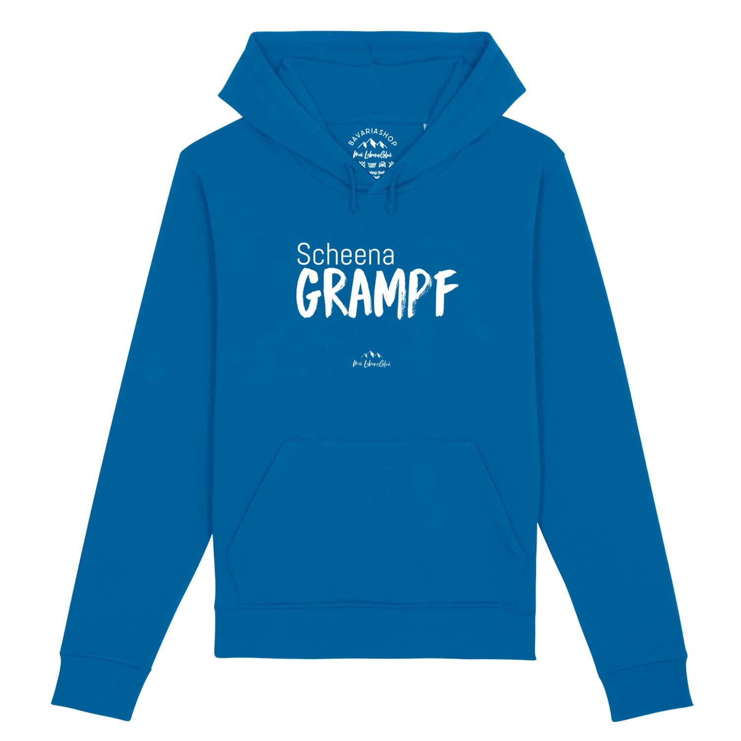 Damen Hoodie mit bayerischem Schriftzug „Scheena Grampf“, Kapuze, Kordelzug, Kängurutasche, royalblau, Bio-Baumwolle.