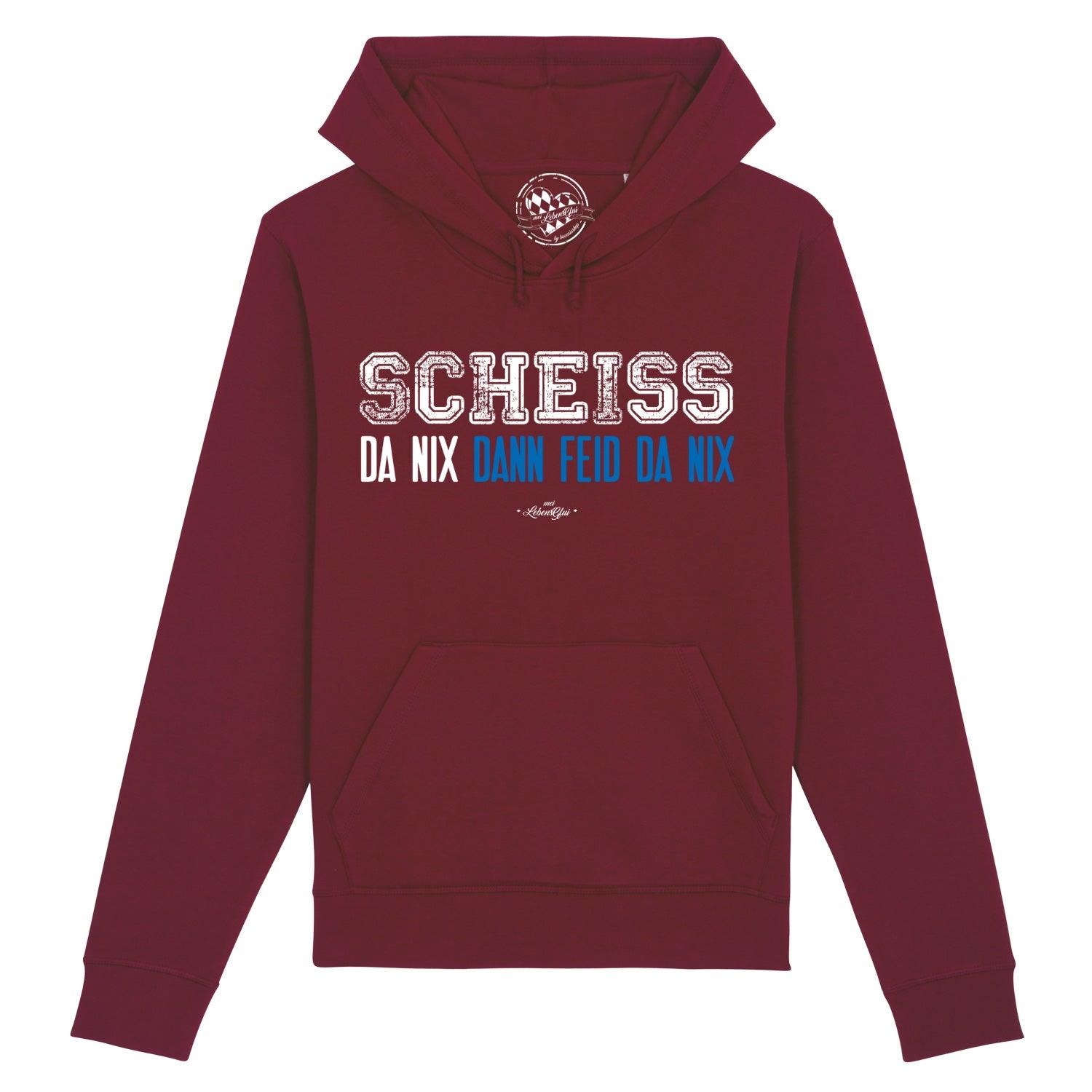 Damen Hoodie in Rosa mit weißem Front-Schriftzug „Scheiß da nix“, Kapuze, Kängurutasche, Bio-Baumwollmix.