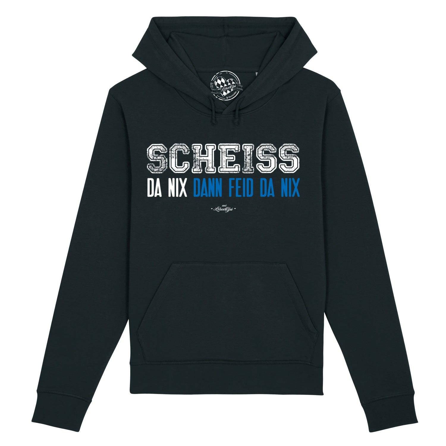 Damen Hoodie in Dunkelgrau mit weißem Frontprint „Scheiß da nix“, Kapuze, Kängurutasche, Bio-Baumwoll-Mix.