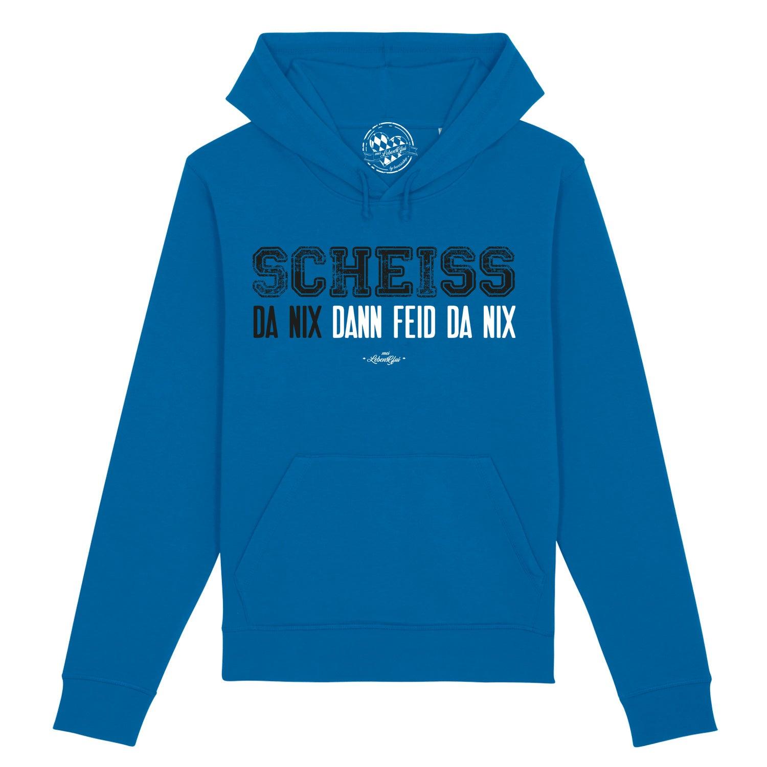 Damen Hoodie in Dunkelblau mit weißem Frontprint „Scheiß da nix“, Kapuze, Kängurutasche, Bio-Baumwollmix.