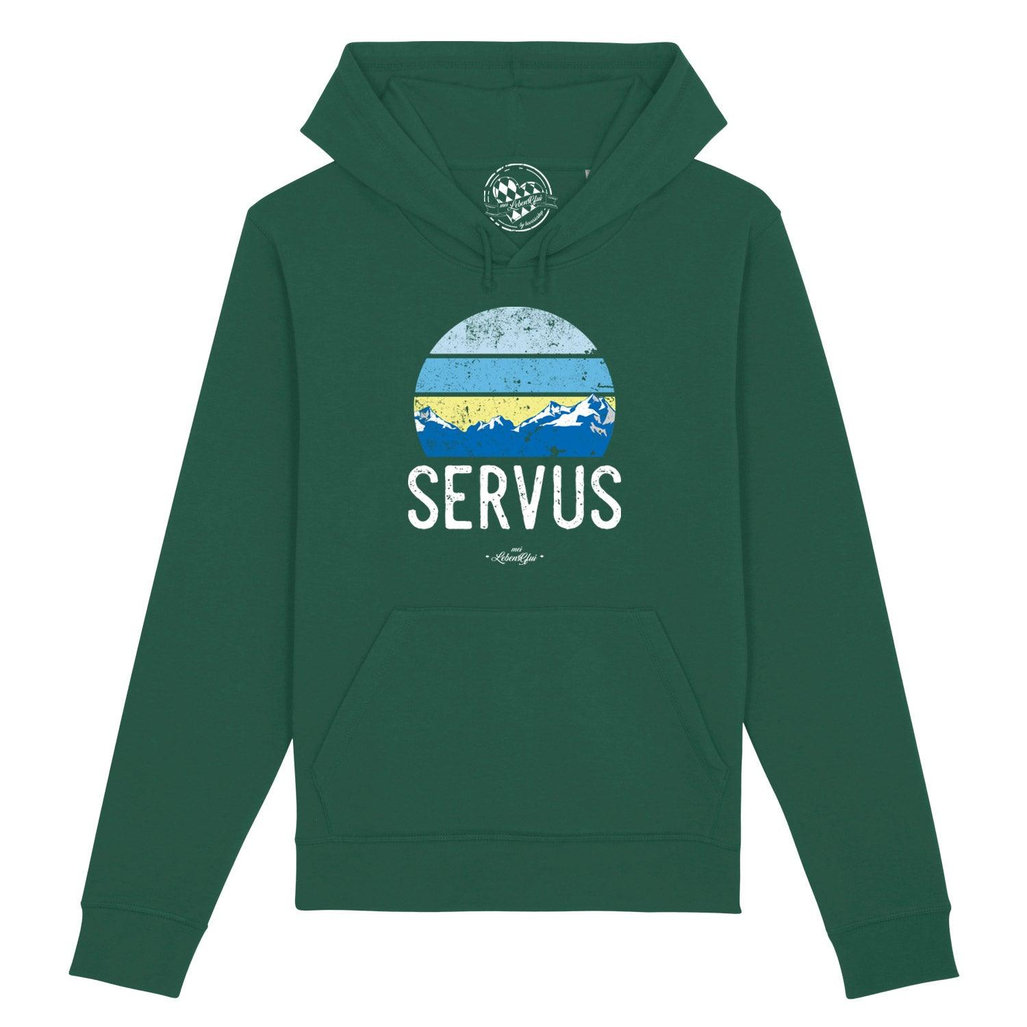 Bordeauxroter Damen-Hoodie mit weißem "Servus"-Schriftzug, Kapuze, Kängurutasche, Bio-Baumwollmix.