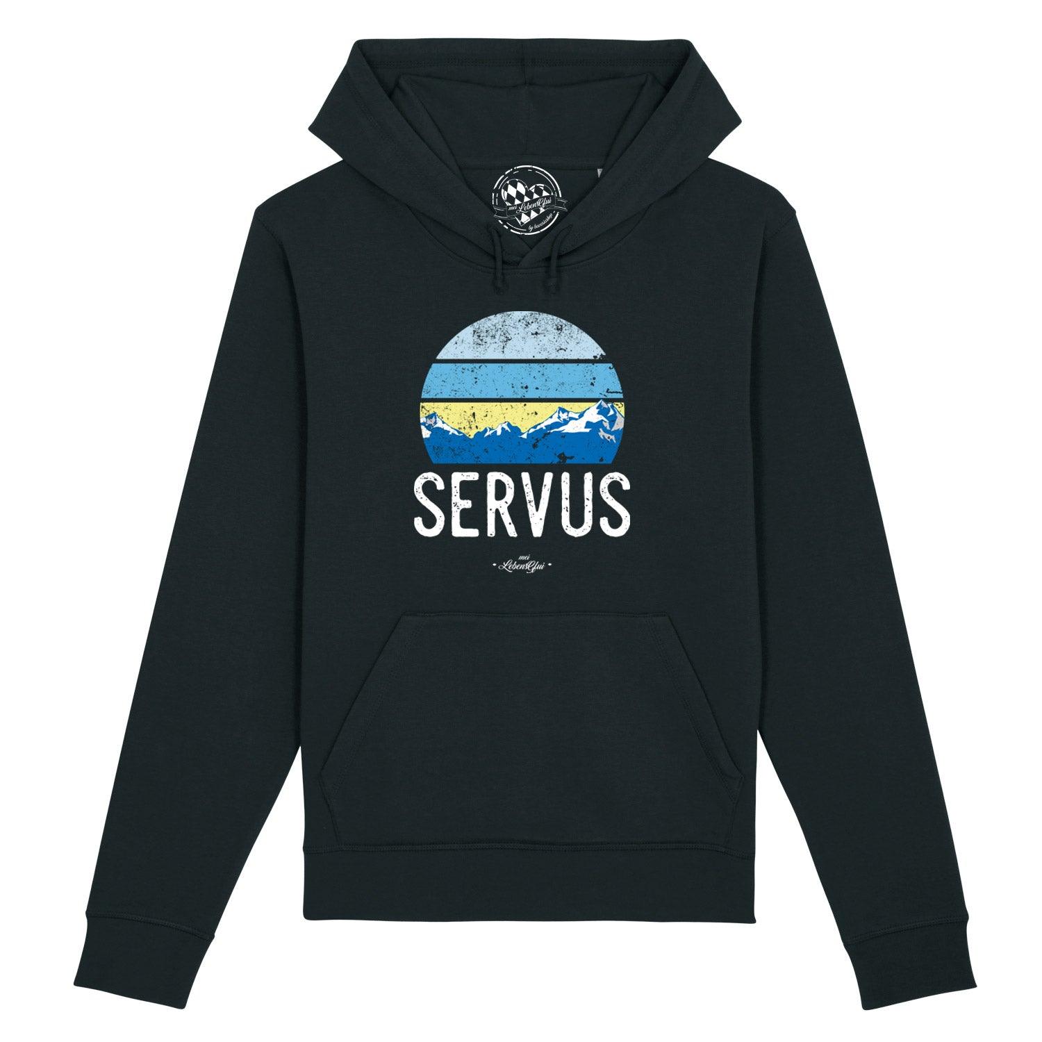 Damen Hoodie in Dunkelblau mit weißem „Servus“-Schriftzug, Kapuze, Kängurutasche, Bio-Baumwolle-Mix, taillierter Schnitt.