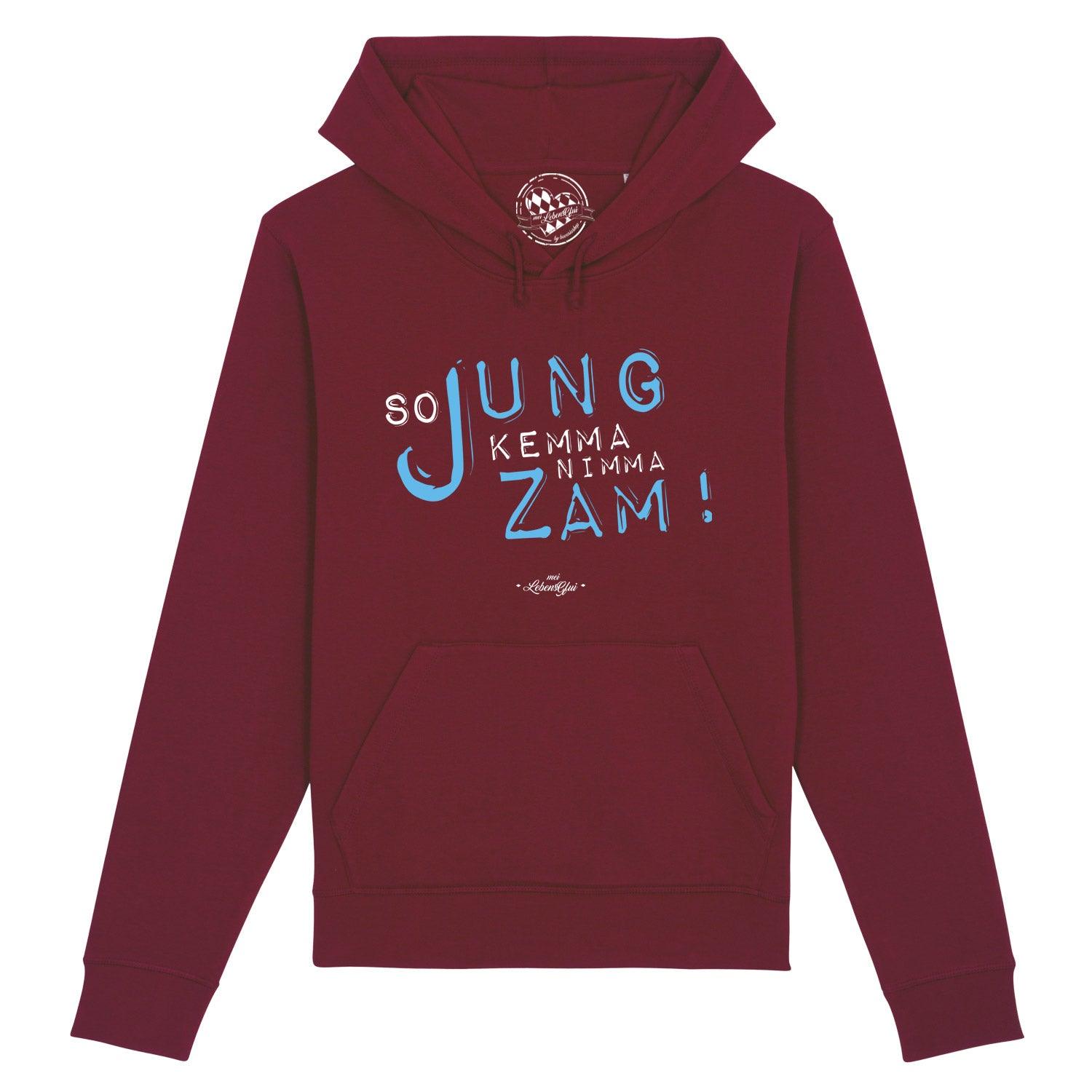 Damen Hoodie in Altrosa mit frontseitigem weißem Schriftzug „So jung“, Kapuze, Kängurutasche, Bio-Baumwollmix.