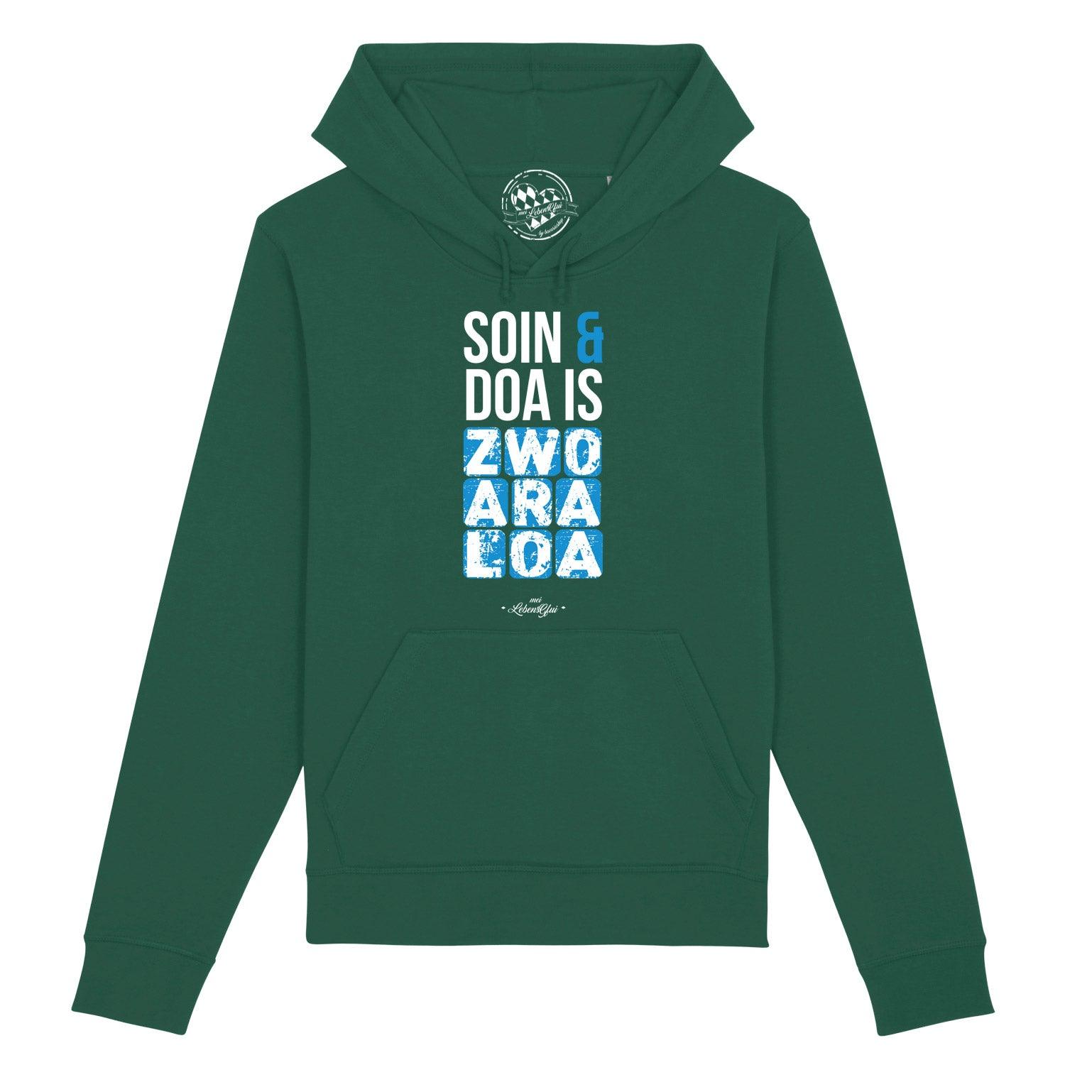 Damen Hoodie in Schwarz mit weißem Schriftzug „Soin und doa“, Kapuze, Kordelzug, Kängurutasche; Bio-Baumwollmix.
