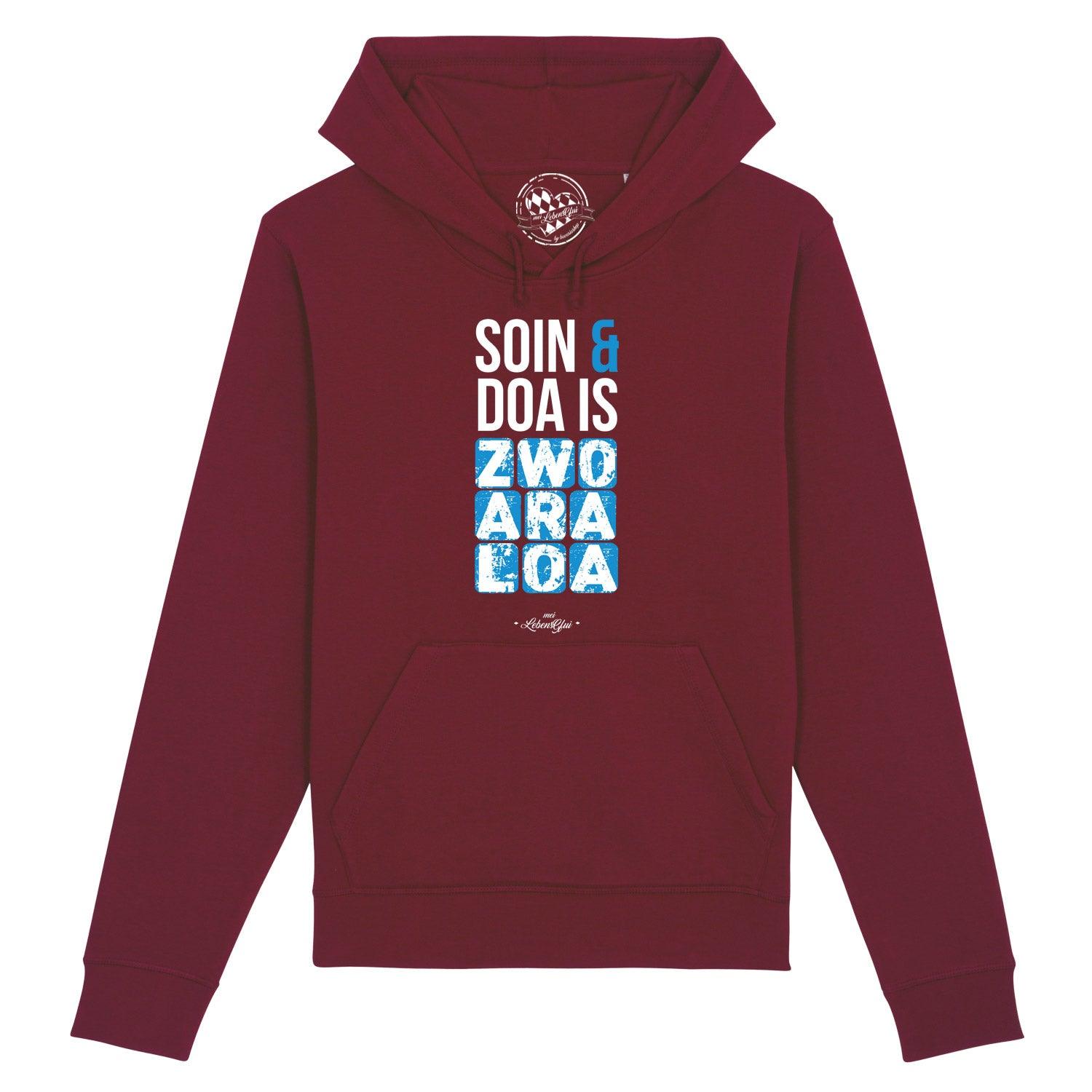 Damen Hoodie in Rosa mit weißem Frontdruck "Soin und doa", Kapuze, Kängurutasche, aus Bio-Baumwolle.
