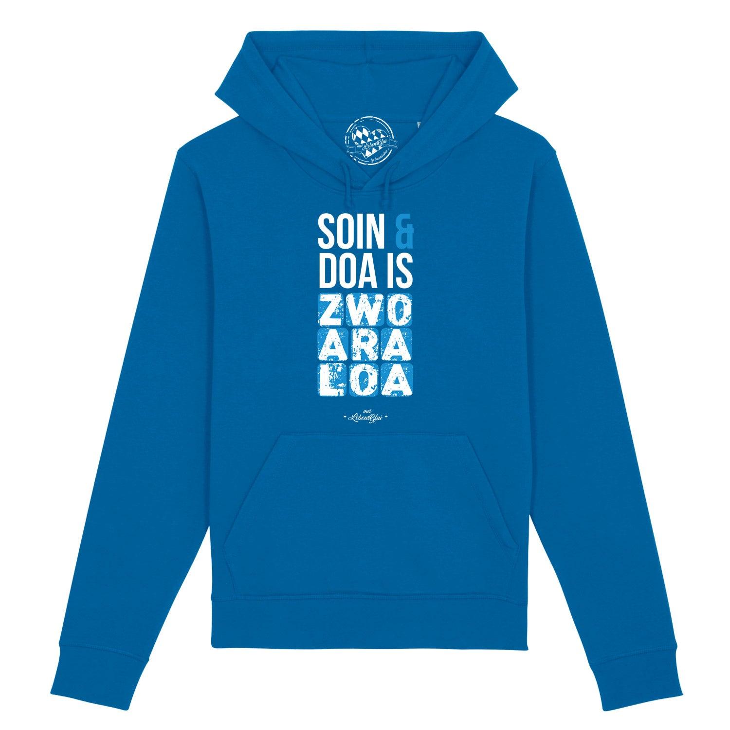 Damen Hoodie in Hellgrau mit Kapuze, Frontdruck "Soin und doa" in Weiß, Kängurutasche, weiche Sweat-Qualität aus Bio-Baumwolle.