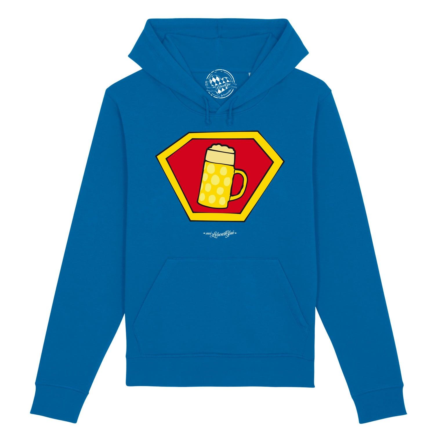 Bordeauxroter Damen-Hoodie mit aufgedrucktem gelbem Super-Bierkrug-Motiv und weißem bayerischem Schriftzug; Bio-Baumwolle, recyceltes Polyester.