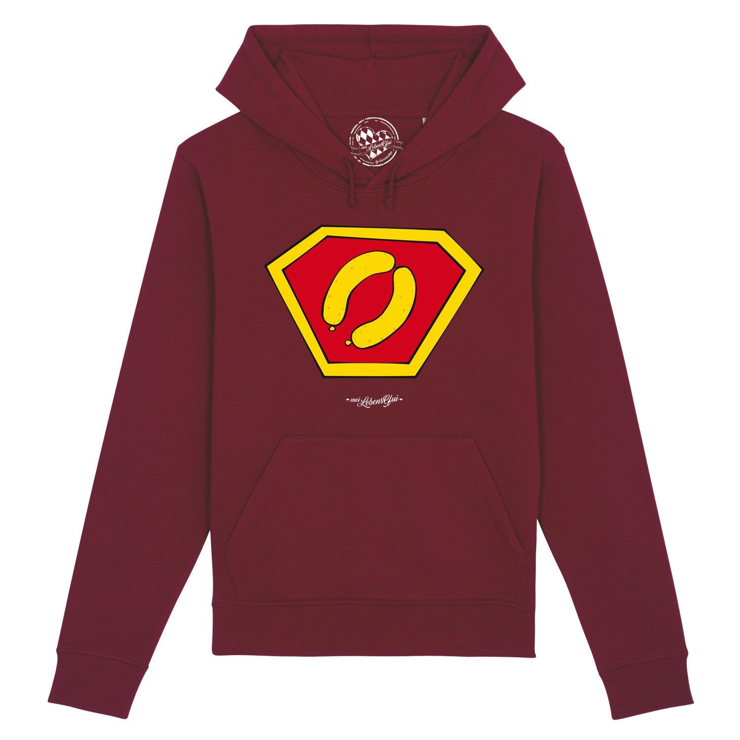 Weißer Damen Hoodie mit schwarzem Super-Weißwurscht-Schriftzug, Kapuze, Kängurutasche, Bio-Baumwolle-Mix.