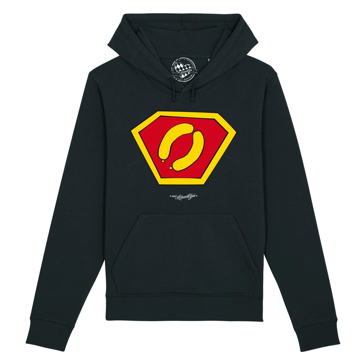 Weißer Damen-Hoodie mit Kapuze, Frontprint „Super-Weißwurscht“ in Comic-Design, Rippbündchen, Bio-Baumwollmix.