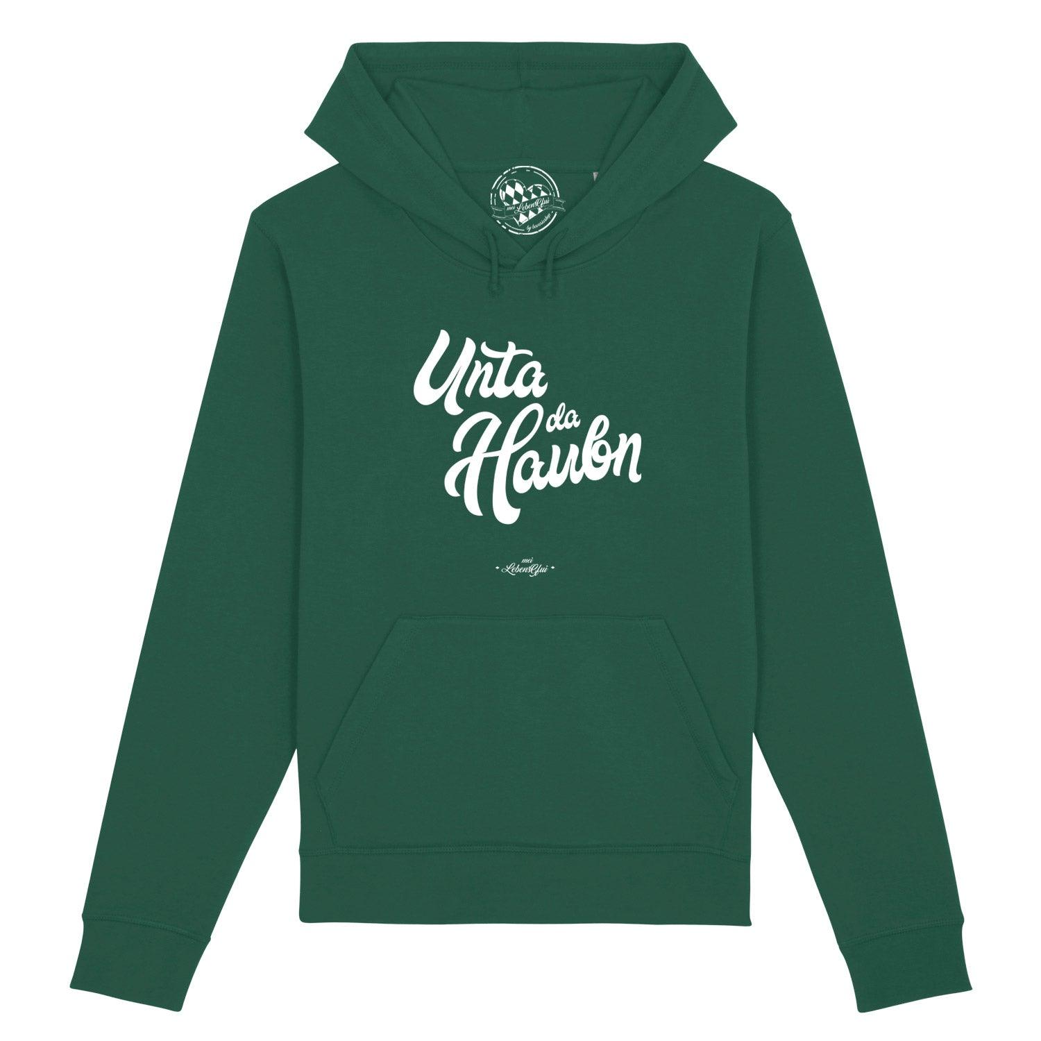 Damen Hoodie in Altrosa mit weißem Frontdruck „Unta da Haubn“, Kapuze, Kängurutasche, Bio-Baumwolle.