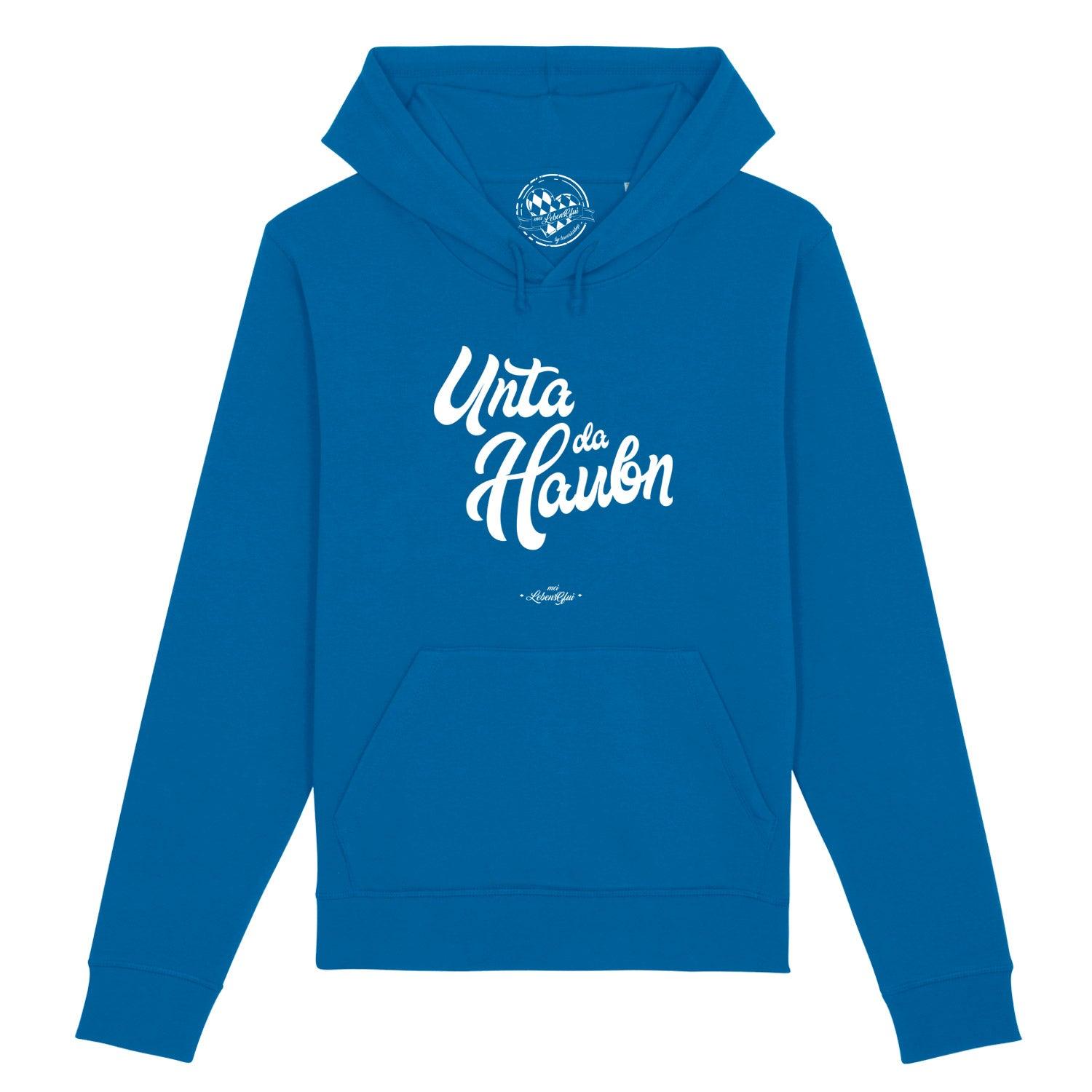 Damen Hoodie in Beige mit Kapuze, Frontprint „Unta da Haubn“ und bayerischem Mundartdesign; Bio-Baumwolle-Mix.