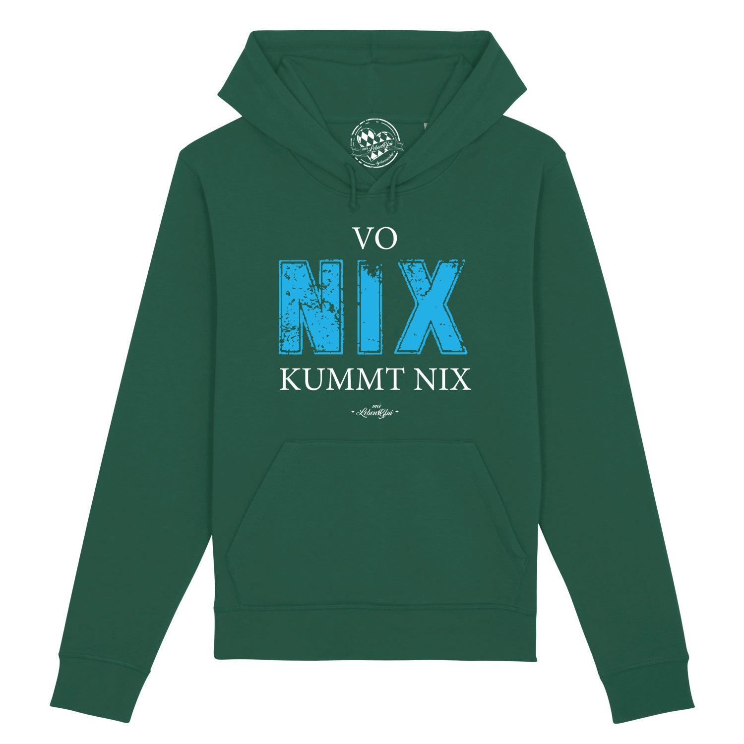Damen Hoodie in Grau mit weißem Aufdruck „Vo nix kummt nix“, Kapuze, Kängurutasche, Bio-Baumwollmix.