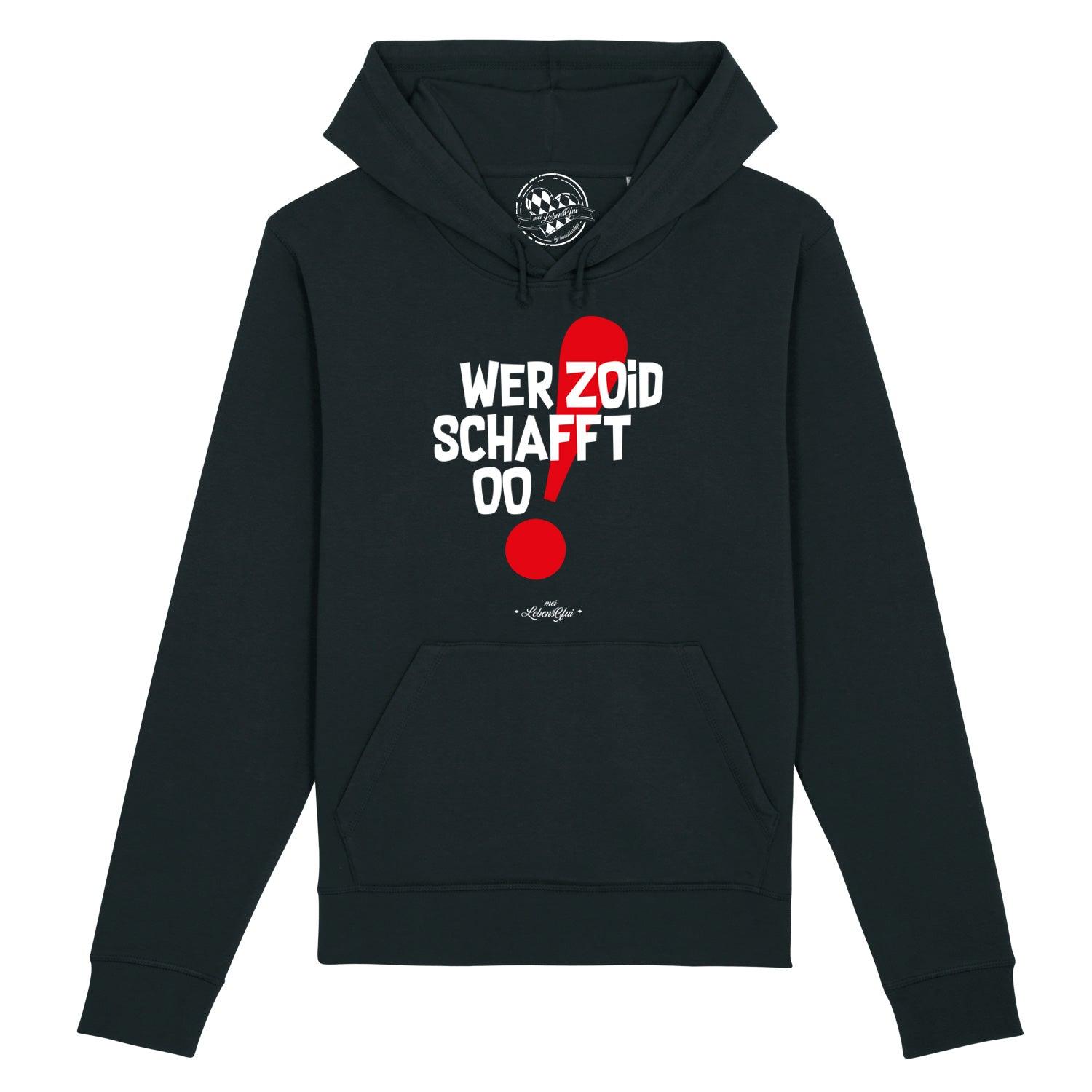 Damen Hoodie in Dunkelgrau mit weißem Frontprint „Wer zoid, schafft oo!“, Kapuze, Kängurutasche, Bio-Baumwollmix.