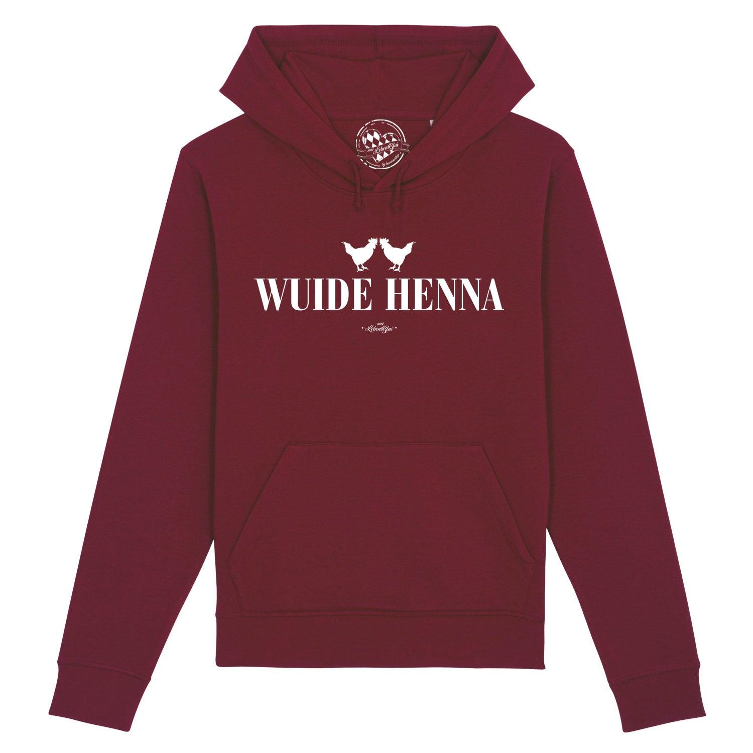 Damen Hoodie in Beere mit weißem „Wuide Henna“-Schriftzug, Kapuze, Kängurutasche, Bio-Baumwolle-Mix.