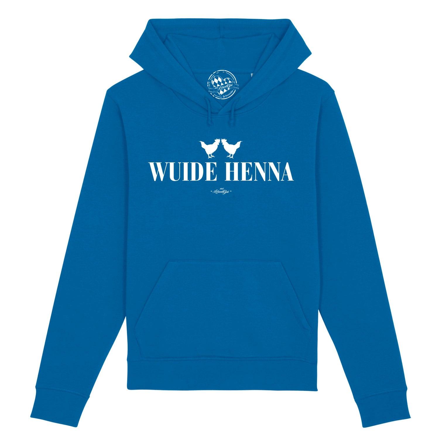 Damen Hoodie in Dunkelgrau mit weißem Schriftzug „Wuide Henna“ und Kapuze aus Bio-Baumwolle-Mix.