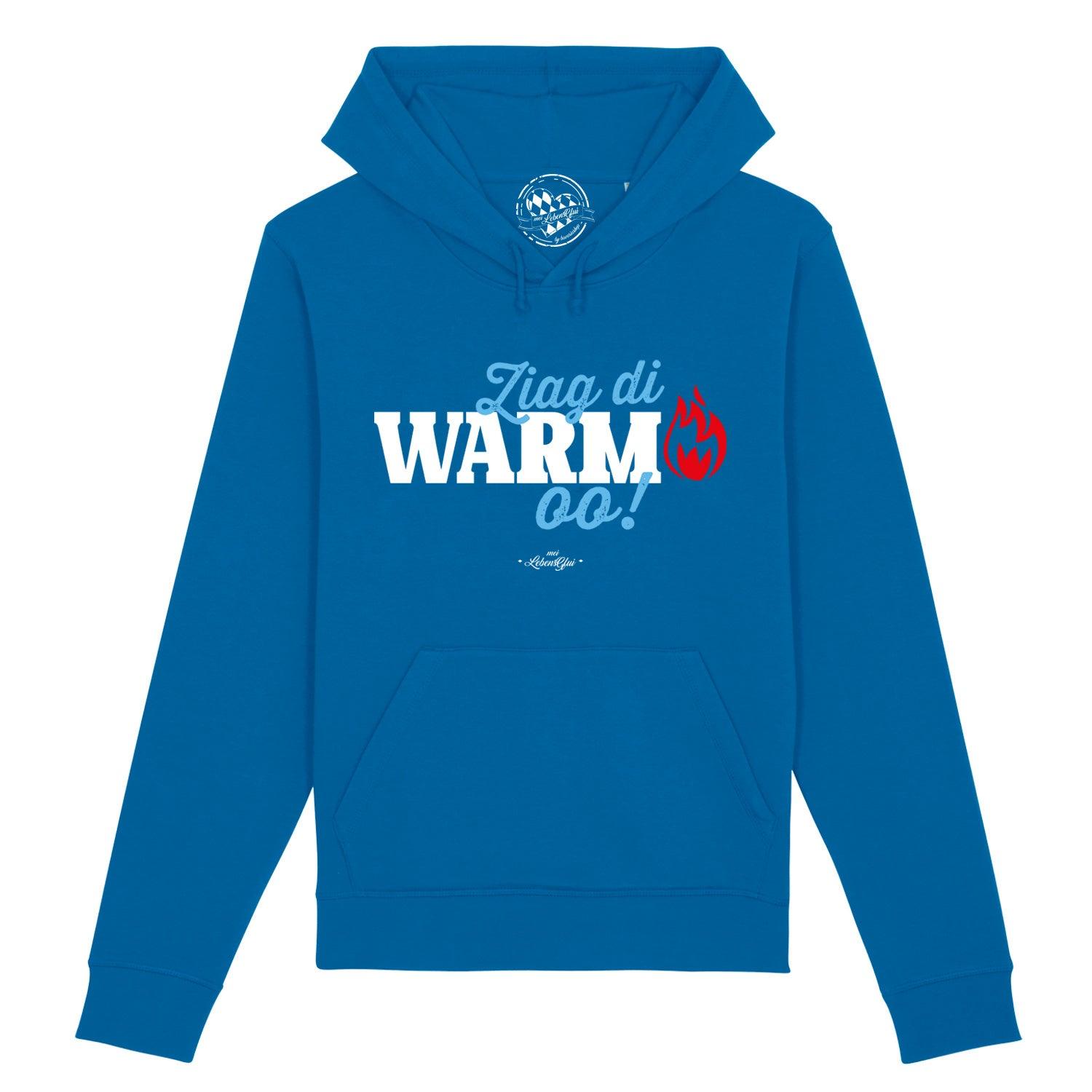 Damen Hoodie in Dunkelblau mit Kapuze, Kängurutasche und weißem Schriftzug „Ziag di warm oo!“ auf der Brust; 85 % Bio-Baumwolle, 15 % recyceltes Polyester.