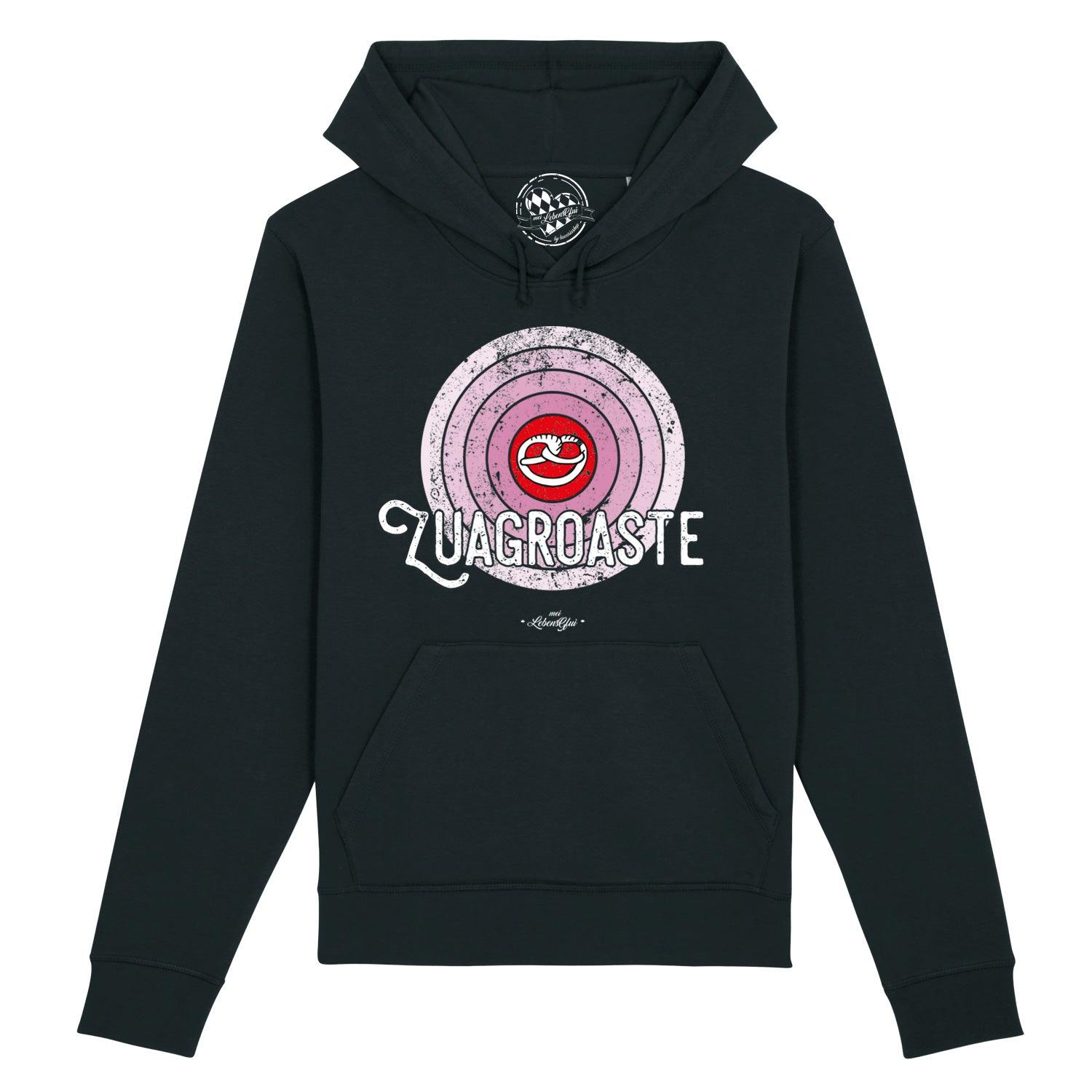 Damen Hoodie in Beige mit Kapuze, Frontdruck „Zuagroaste“ in Weiß, aus Bio-Baumwolle und recyceltem Polyester.