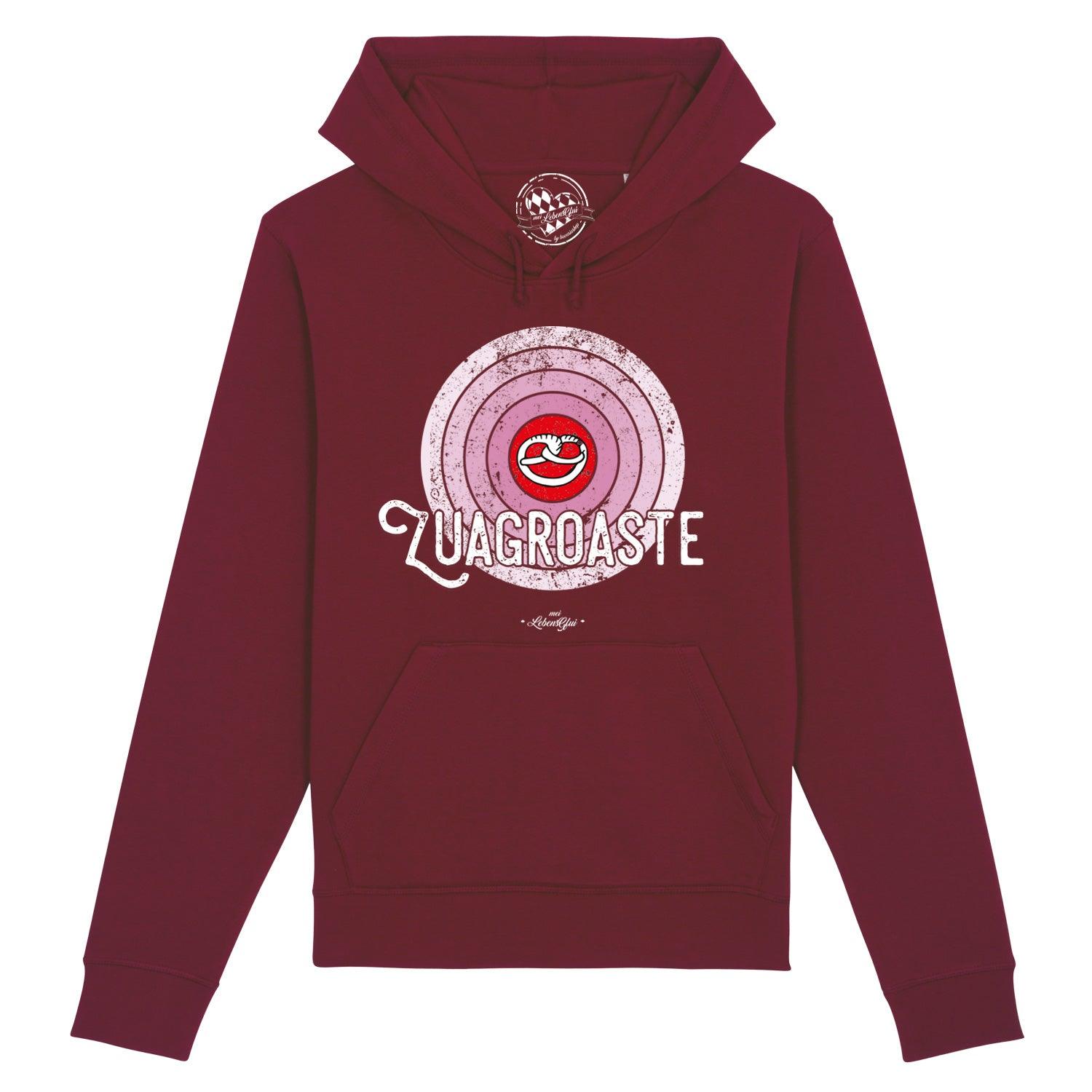 Damen Hoodie in Dunkelblau mit weißem Frontprint „Zuagroaste“ in Handschrift, Kapuze, Kängurutasche, Bio-Baumwolle.