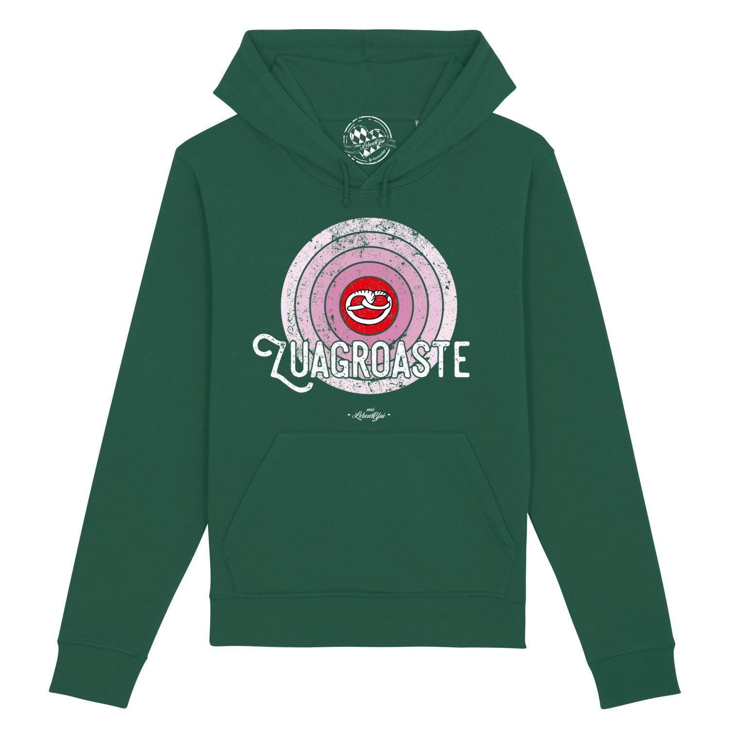 Damen Hoodie in Beige mit Kapuze, Frontprint „Zuagroaste“ in schwarzer Schrift, aus Bio-Baumwolle-Mix.