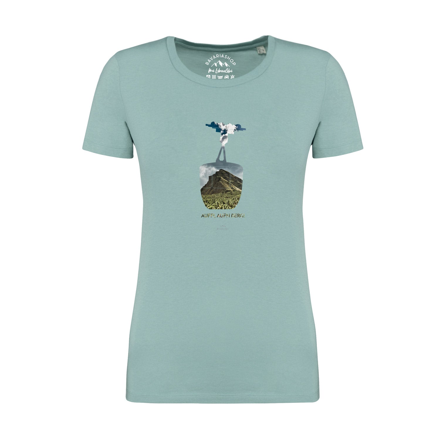 Pastellgrünes Damen-T-Shirt mit bayerischem Schriftzug „Auffi, aufn Berg!“, kurzärmelig, aus 100 % Bio-Baumwolle.