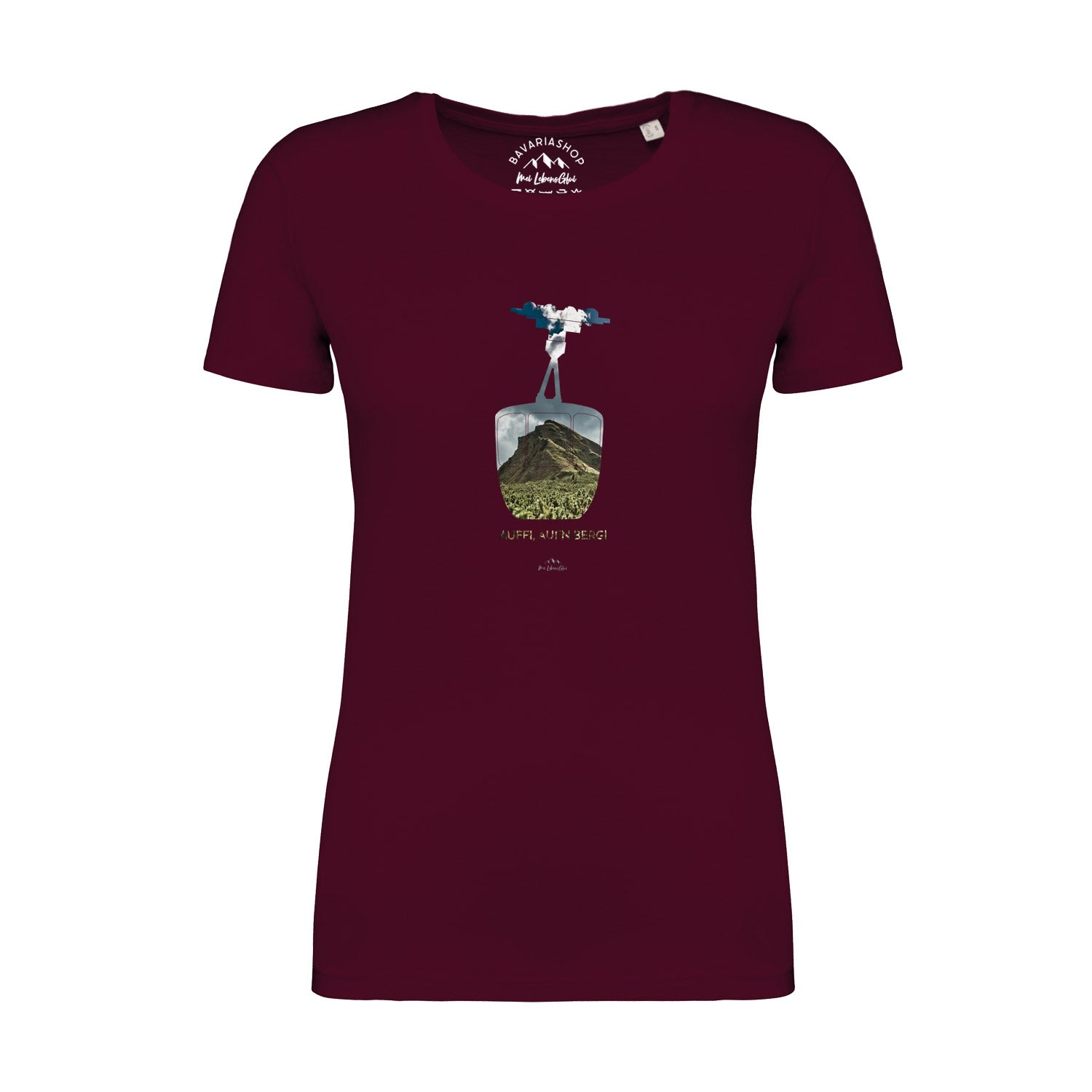 Weinrotes Damen T-Shirt mit weißem Schriftzug „Auffi, aufn Berg!“, Rundhalsausschnitt, 100 % Bio-Baumwolle.