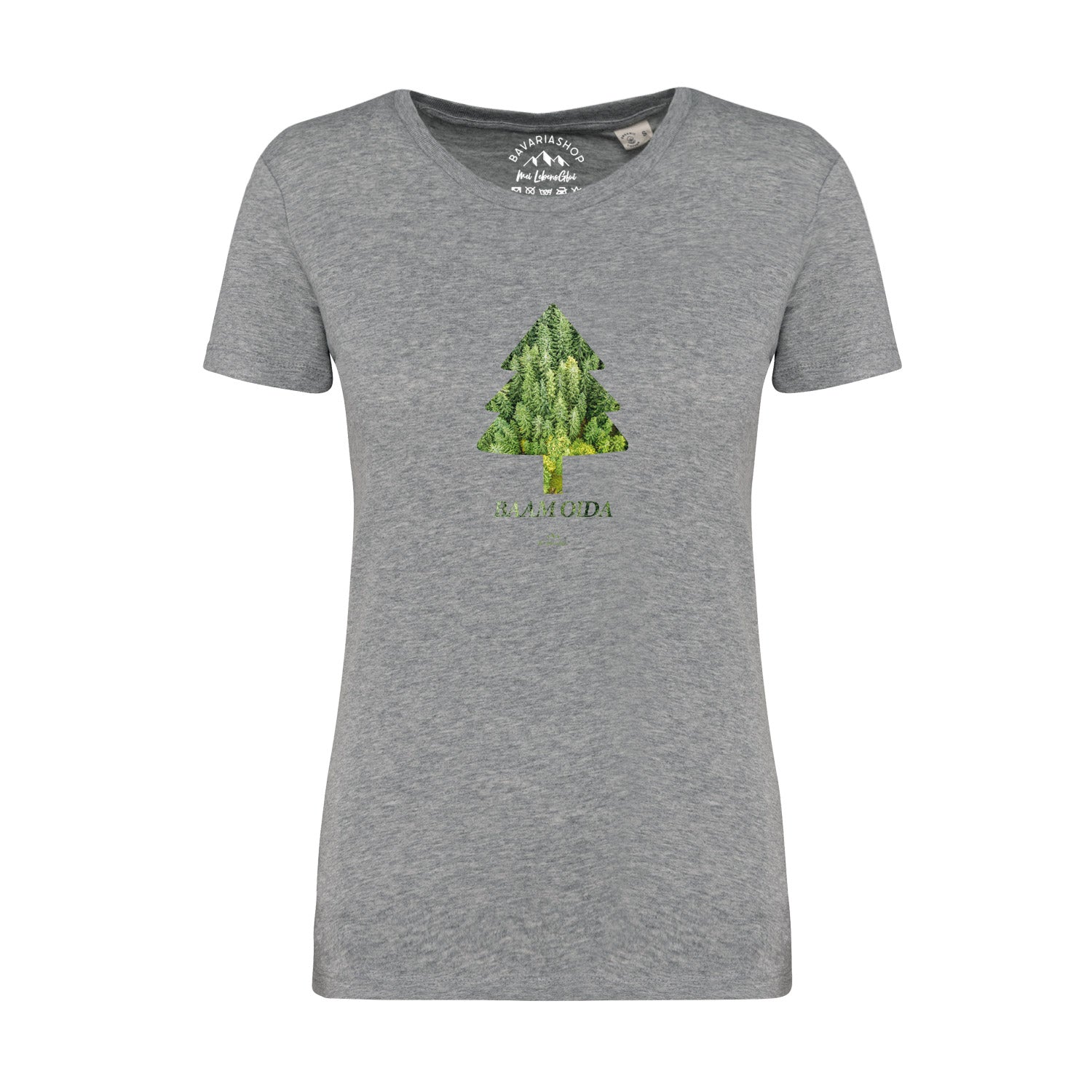 Graumeliertes Damen-T-Shirt mit weißem Frontprint „BAAM OIDA“, Rundhals, aus 100 % Bio-Baumwolle.