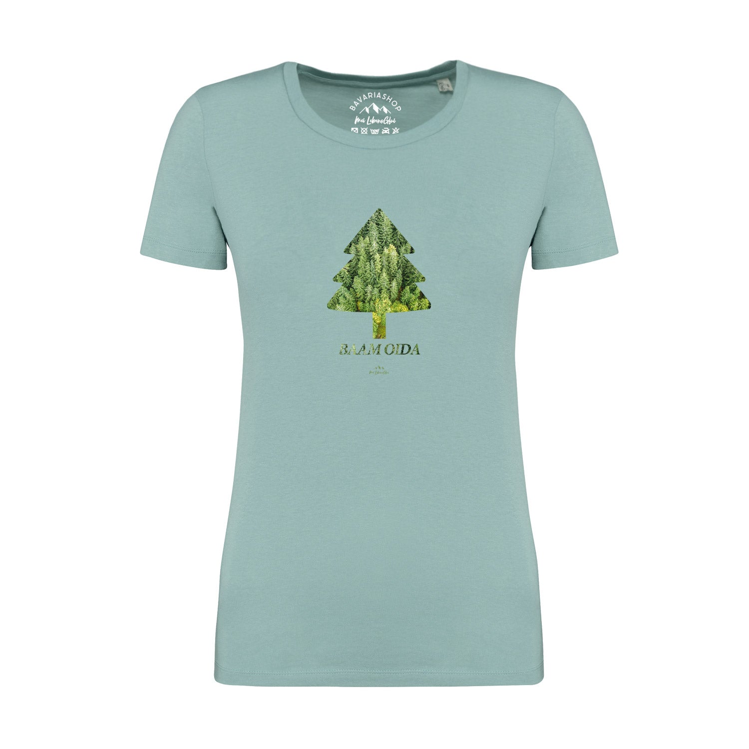 Pastellgrünes Damen-T-Shirt mit weißem „BAAM OIDA“-Schriftzug, Rundhalsausschnitt, aus 100 % Bio-Baumwolle.