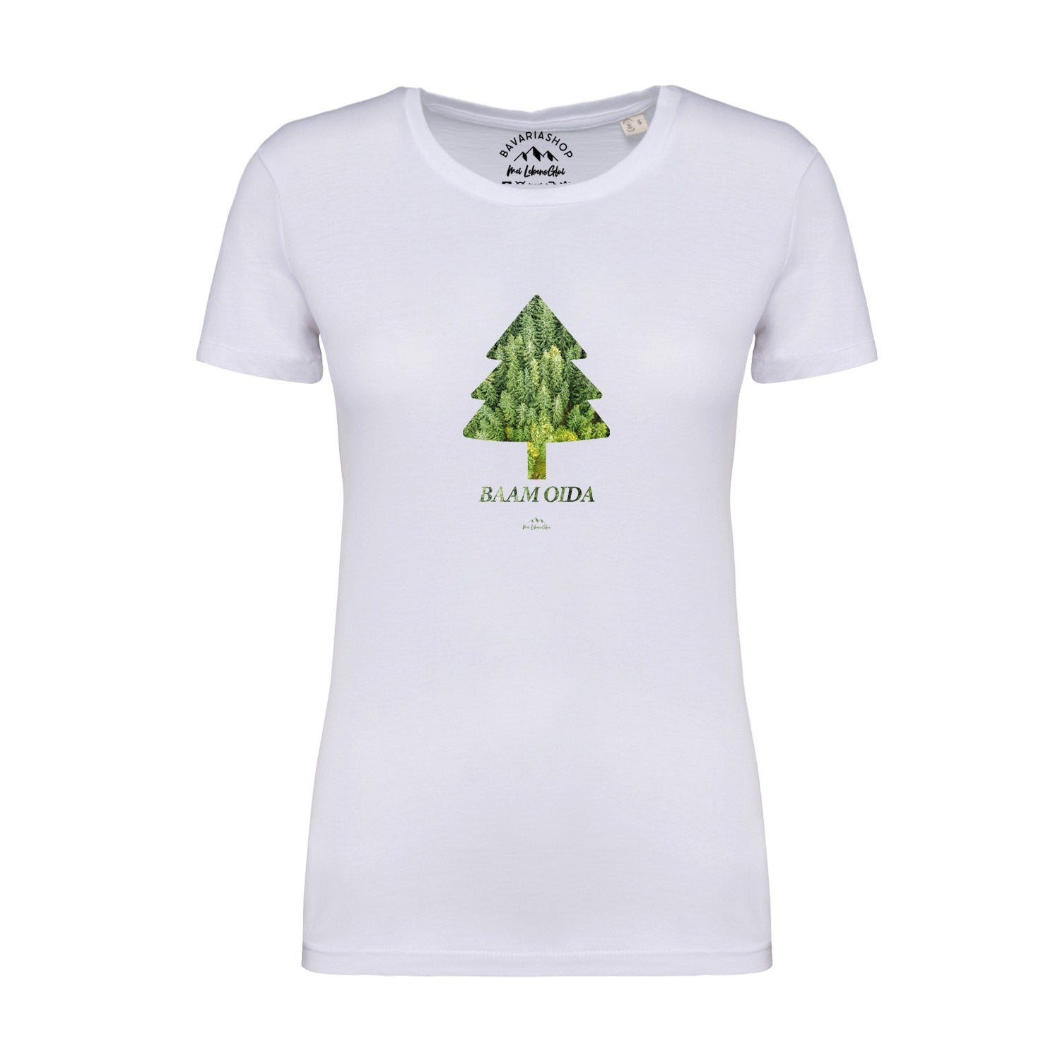 Weißes Damen-T-Shirt mit schwarzem Frontprint „BAAM OIDA“, kurzärmelig, gerader Schnitt, 100 % Bio-Baumwolle.