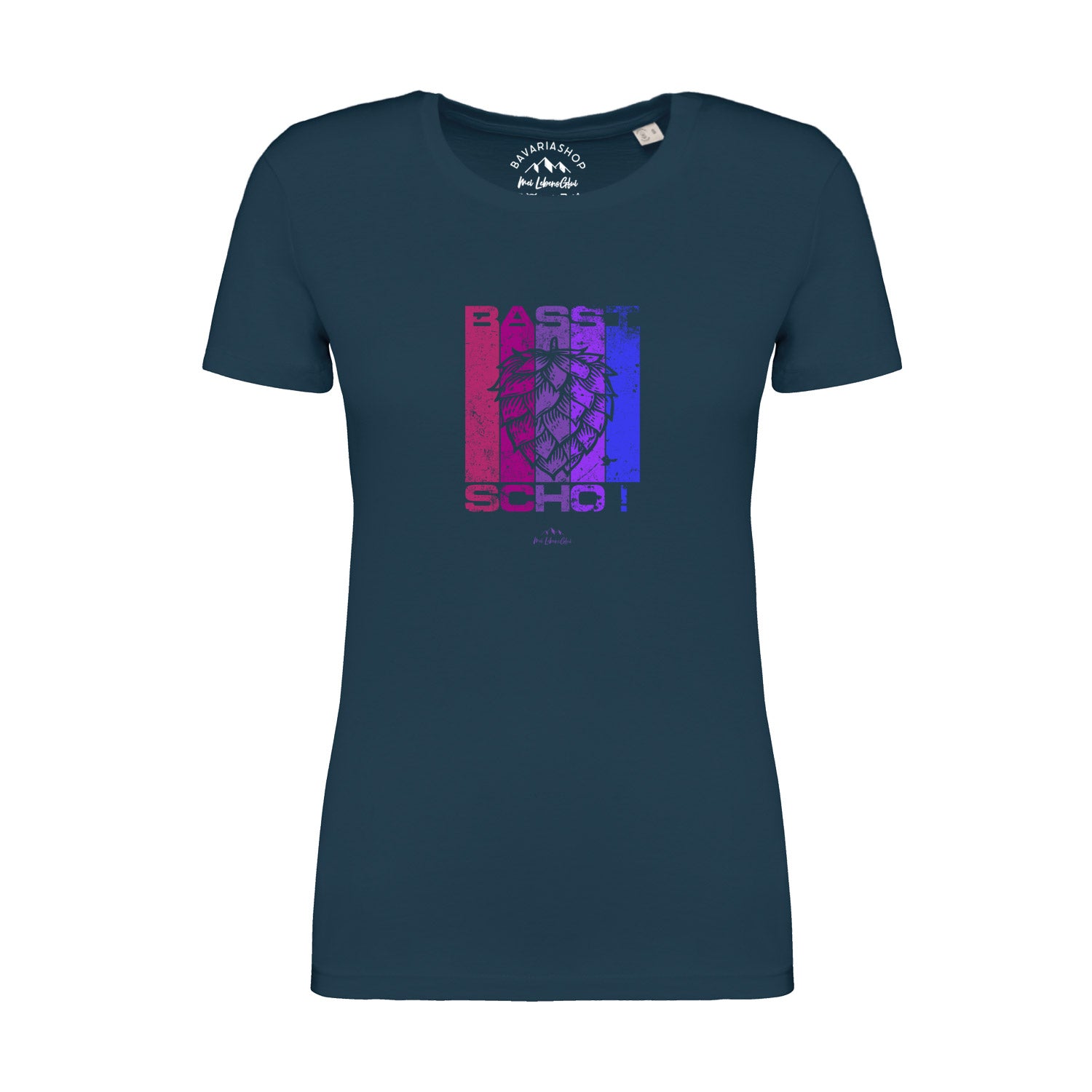 Damen T-Shirt in Pfauenblau mit weißem Schriftzug „Basst scho“, Rundhals, kurzärmelig, aus 100 % Bio-Baumwolle.