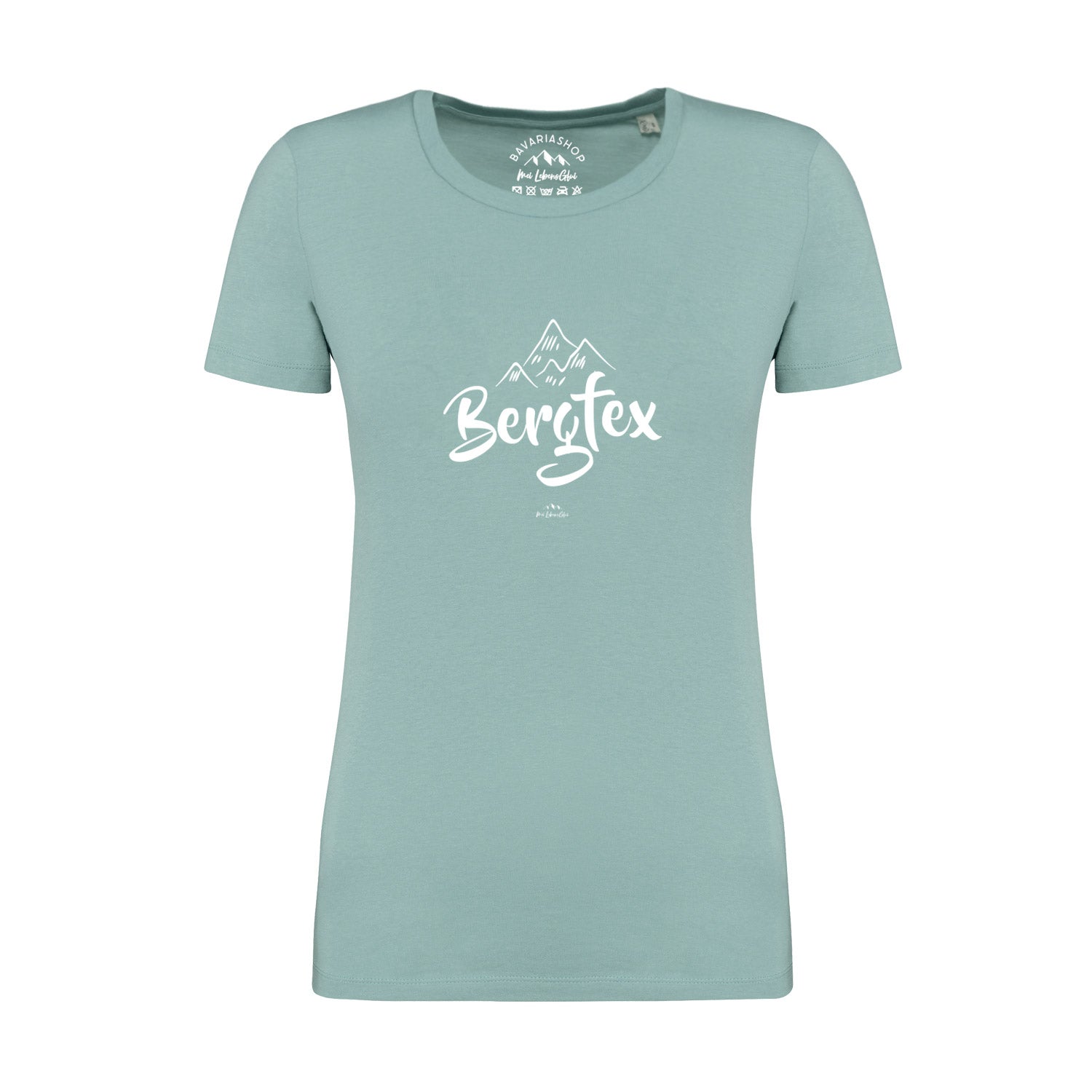 Pastellgrünes Damen-T-Shirt mit weißem „Bergfex“-Schriftzug, rundem Ausschnitt, aus 100 % Bio-Baumwolle.