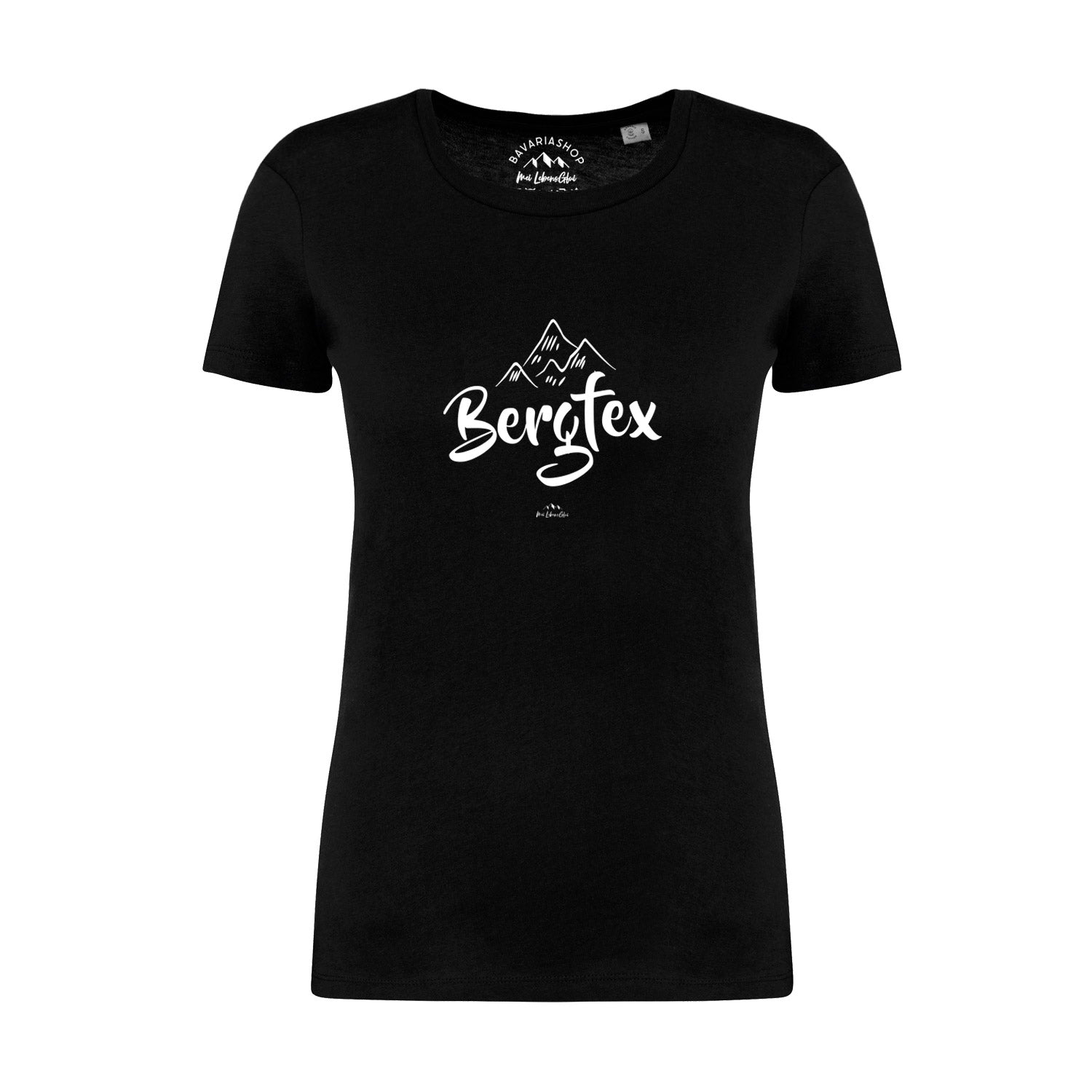 Schwarzes Damen-T-Shirt mit weißem „Bergfex“-Schriftzug, Rundhalsausschnitt, aus 100 % Bio-Baumwolle.