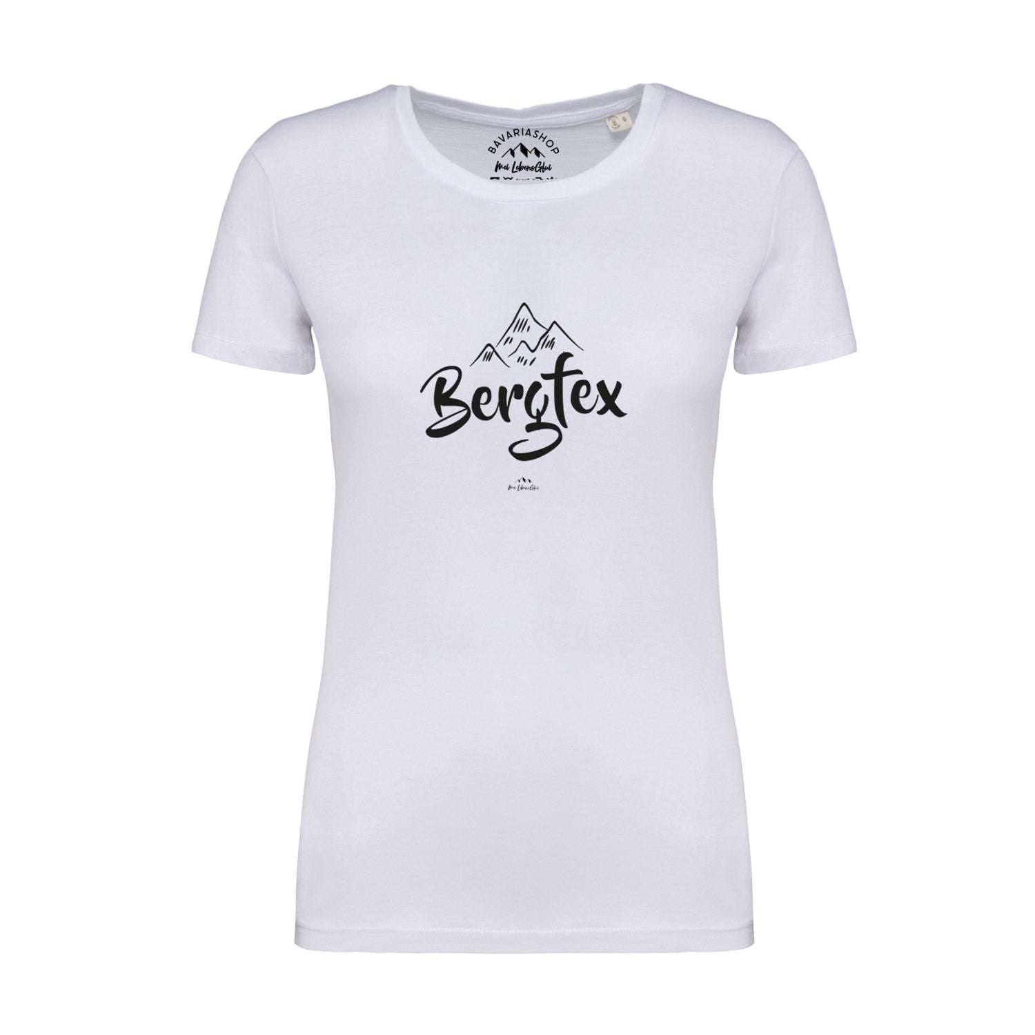 Weißes Damen-T-Shirt mit schwarzem "Bergfex"-Schriftzug, Rundhalsausschnitt, aus 100 % Bio-Baumwolle.