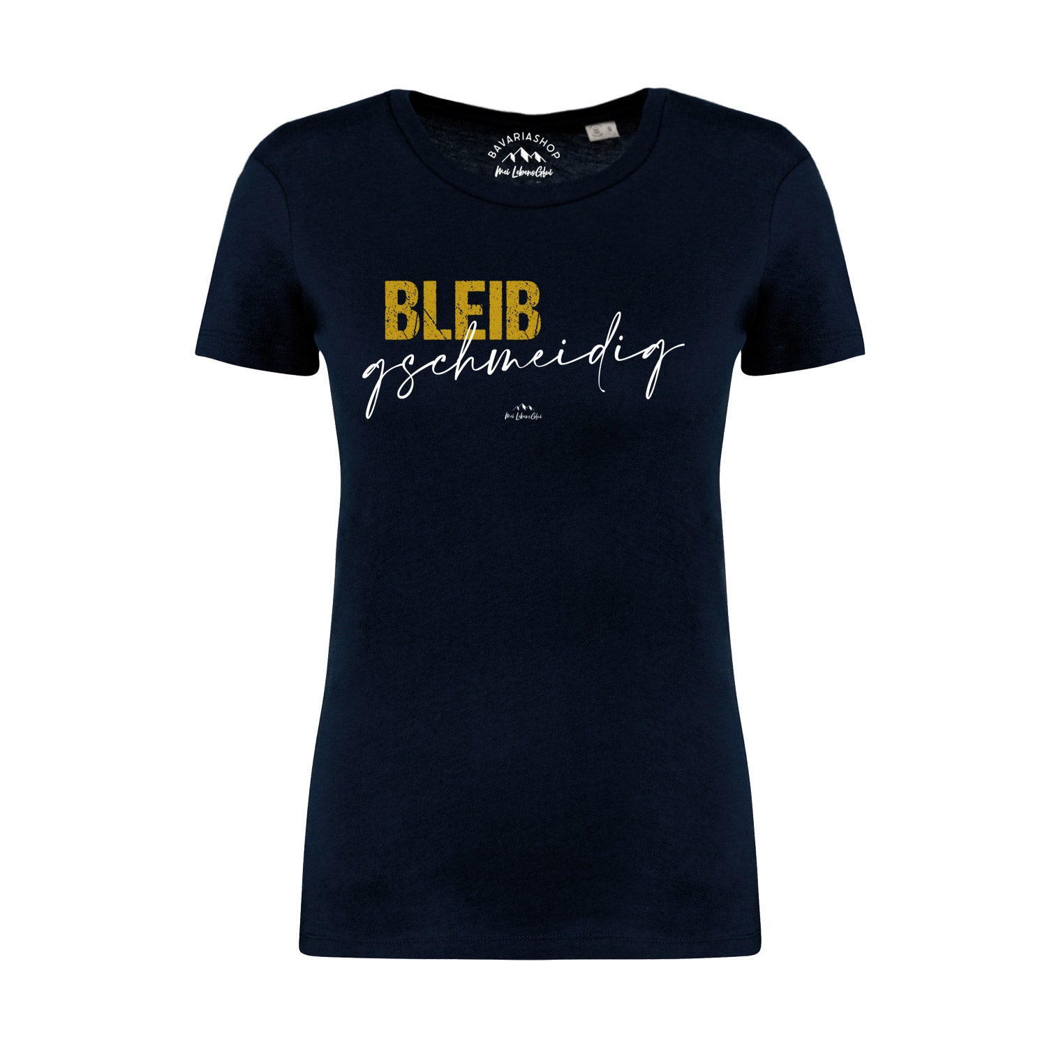 Dunkelblaues Damen-T-Shirt mit weißem Schriftzug „Bleib gschmeidig“, kurzärmelig, aus 100 % Bio-Baumwolle.
