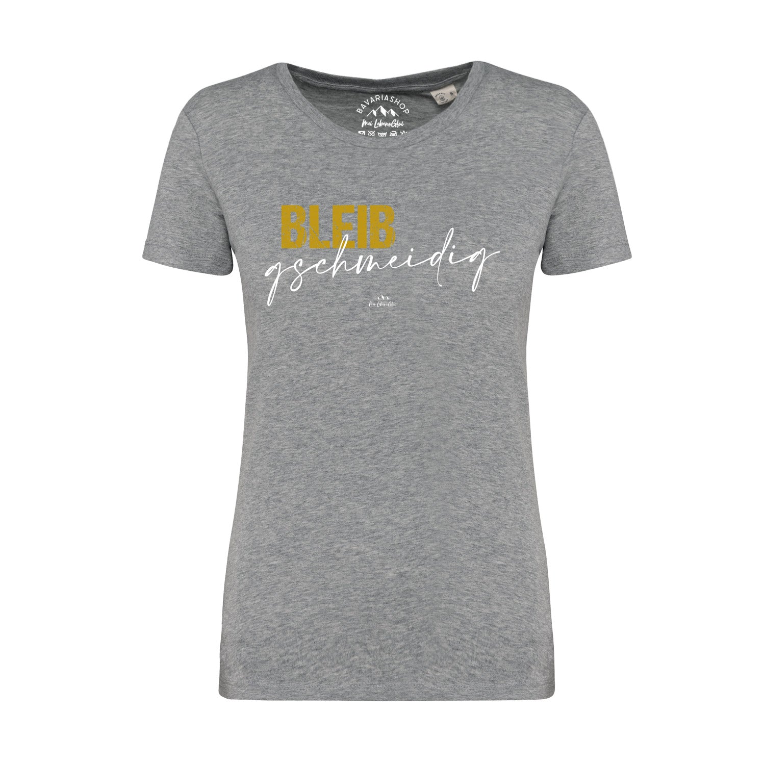 Graumeliertes Damen-T-Shirt mit Schriftzug „Bleib gschmeidig“ in Weiß, Rundhalsausschnitt, Bio-Baumwolle.