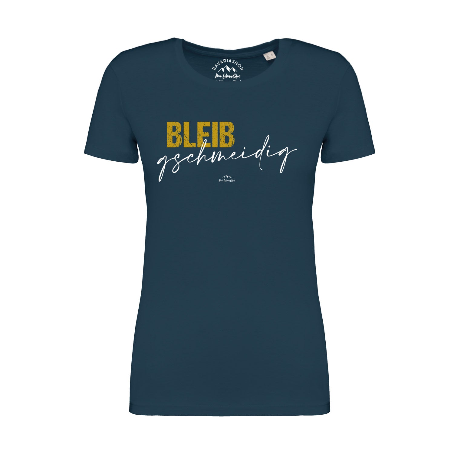 Pfauenblaues Damen-T-Shirt mit weißem Schriftzug „Bleib gschmeidig“, Kurzarm, aus 100 % Bio-Baumwolle.