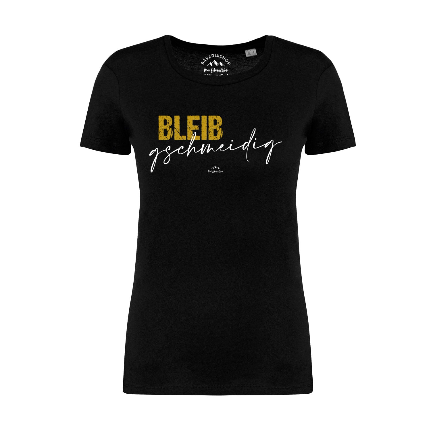 Schwarzes Damen-T-Shirt mit weißem Frontprint „Bleib gschmeidig“, Rundhalsausschnitt, aus 100 % Bio-Baumwolle.