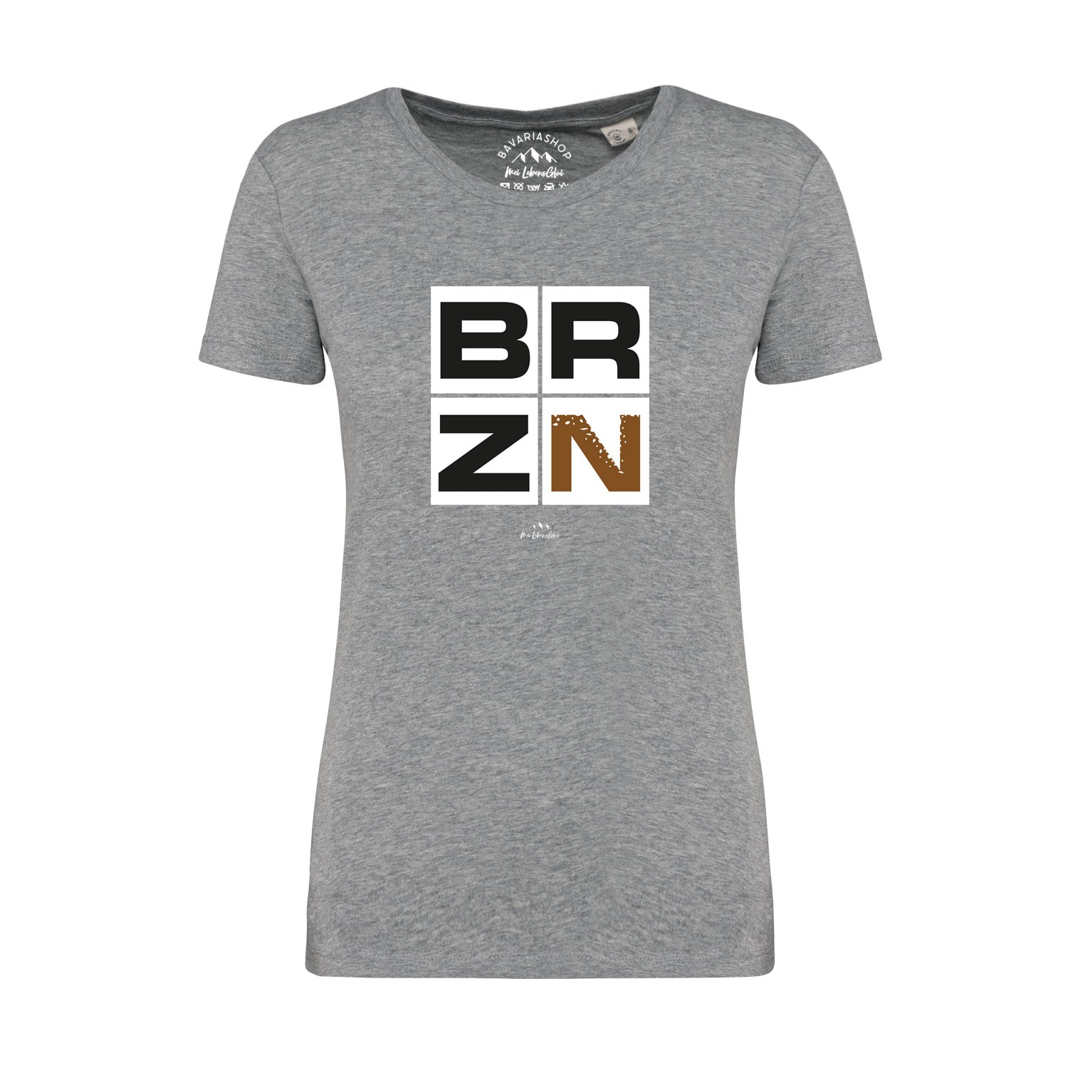 Graues Damen-T-Shirt mit BRZN-Schriftzug vorne, Rundhalsausschnitt, 100 % Bio-Baumwolle, melierte Optik.