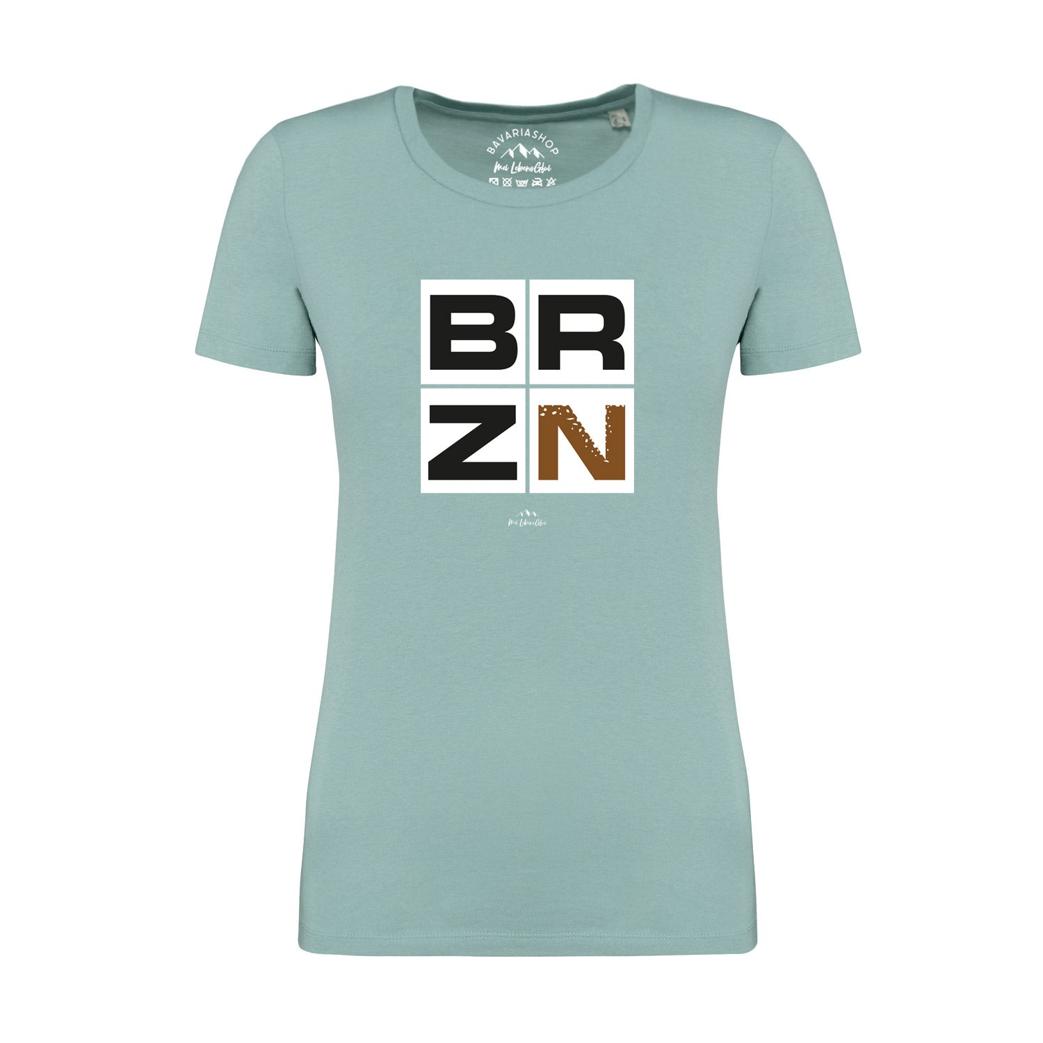 Damen T-Shirt in Pastellgrün mit weißem „BRZN“-Schriftzug, gerade Form, 100 % Bio-Baumwolle, 180 g/m².