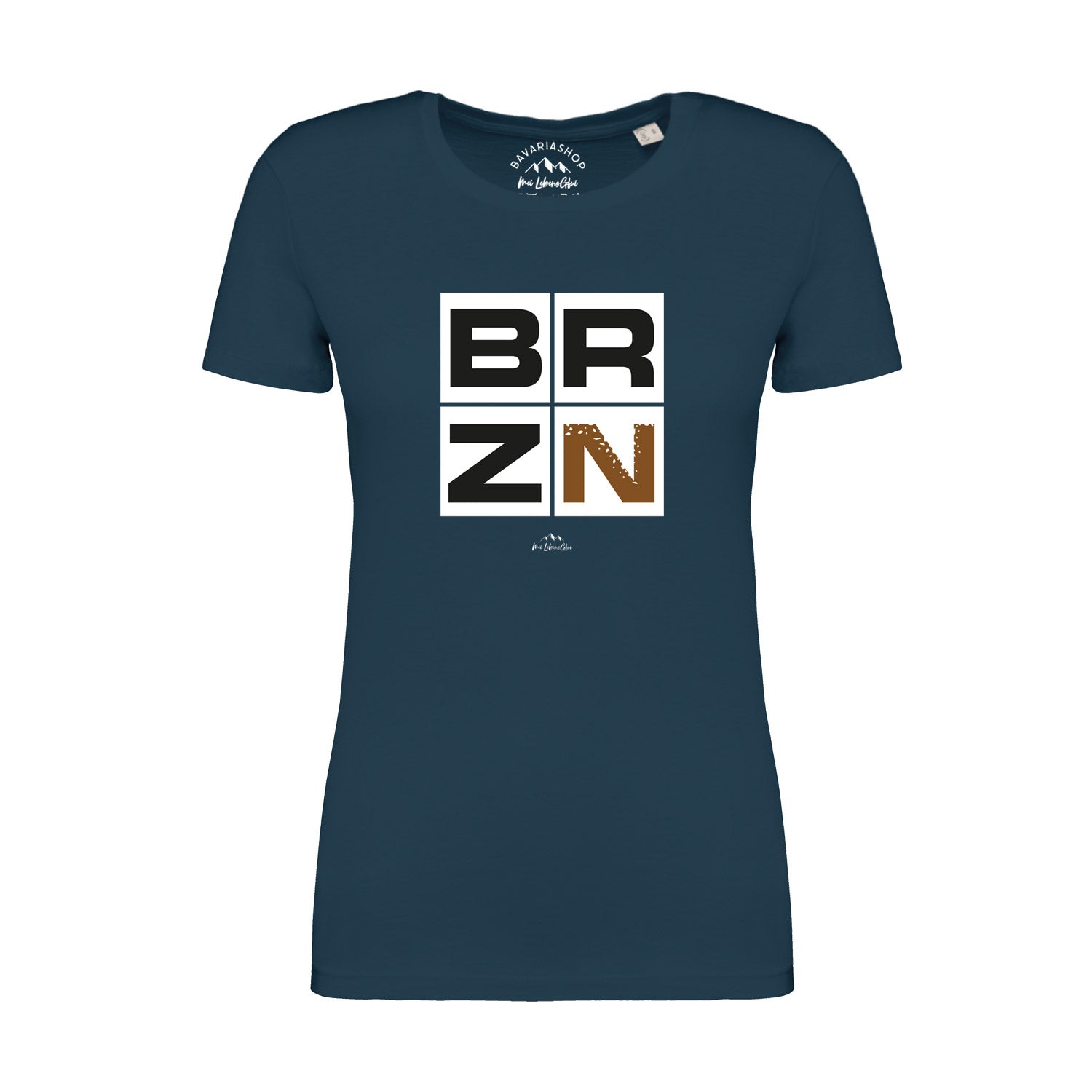 Damen T-Shirt in Pfauenblau mit weißem "BRZN"-Schriftzug auf der Brust aus 100 % Bio-Baumwolle.