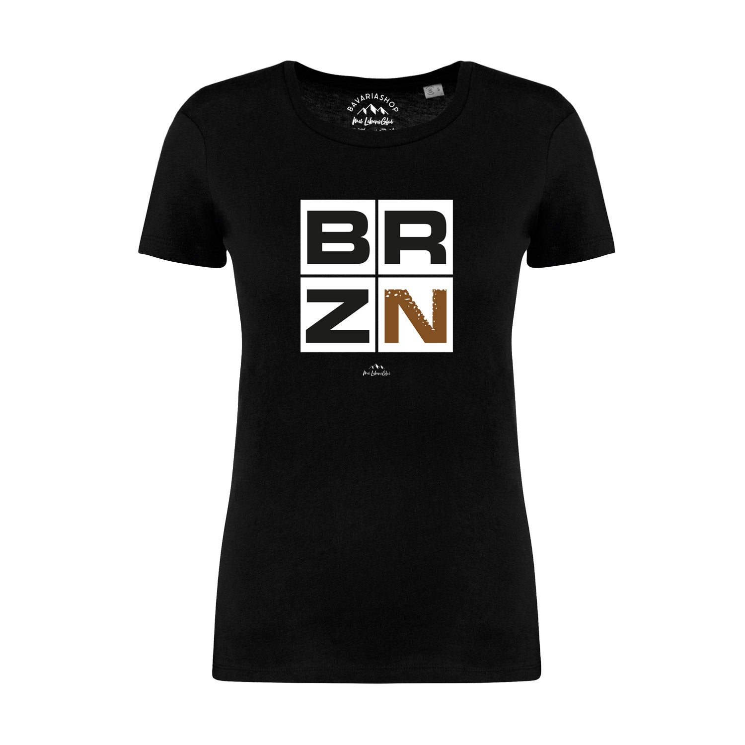 Schwarzes Damen-T-Shirt mit weißem „BRZN“-Schriftzug, kurzärmelig, taillierter Schnitt, 100 % Bio-Baumwolle.