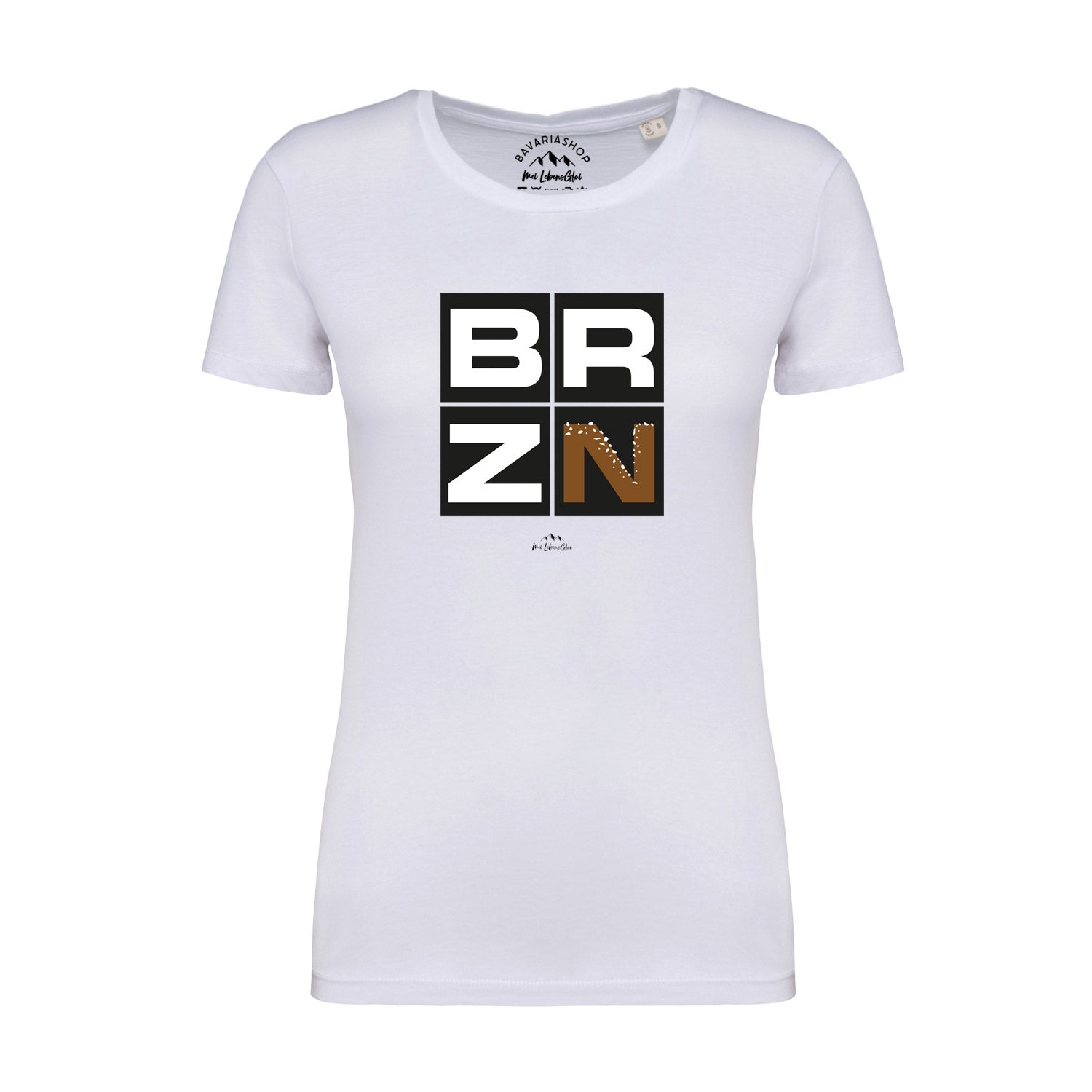 Weißes Damen-T-Shirt aus Bio-Baumwolle mit schwarzem „BRZN“-Schriftzug in Großbuchstaben auf der Brust.