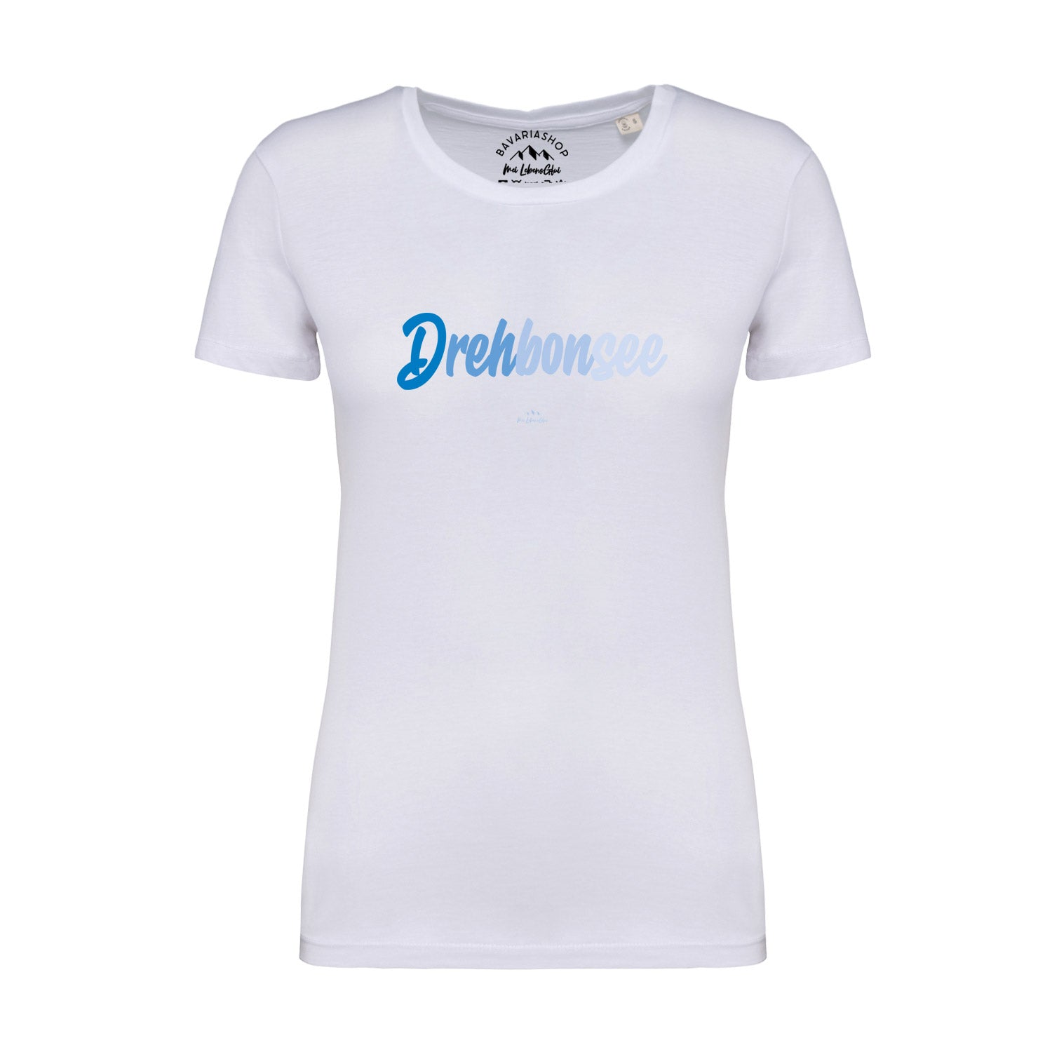 Weißes Damen-T-Shirt mit dunkelblauem Schriftzug „Drehbonsee“, klassischer Schnitt, aus 100 % Bio-Baumwolle.