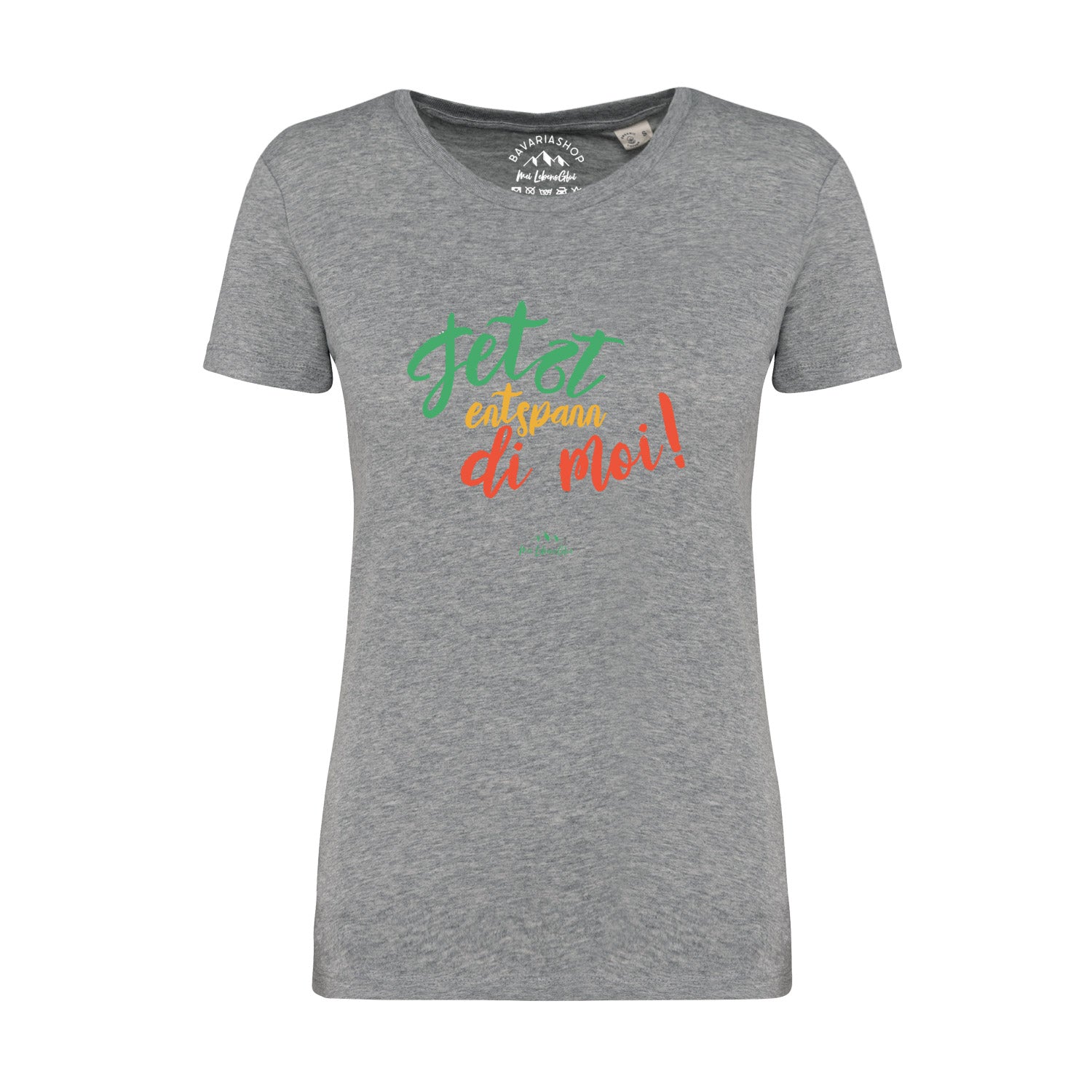 Damen T-Shirt mit Frontdruck „Entspann di moi…“ in Grau meliert, kurzer Ärmel, aus 100 % Bio-Baumwolle.