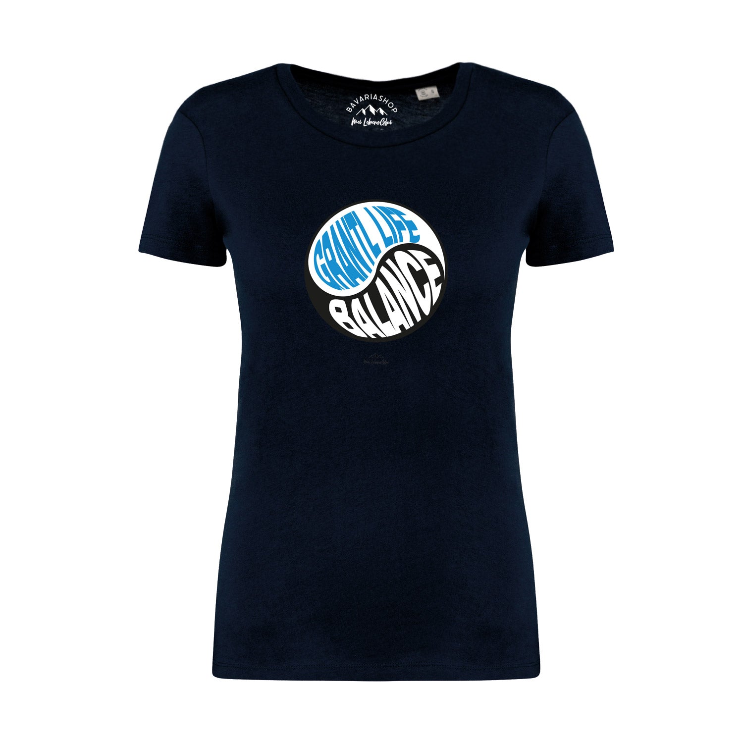 Dunkelblaues Damen T-Shirt mit weißem Frontprint „Grantl life balance“, Rundhalsausschnitt, 100 % Bio-Baumwolle.