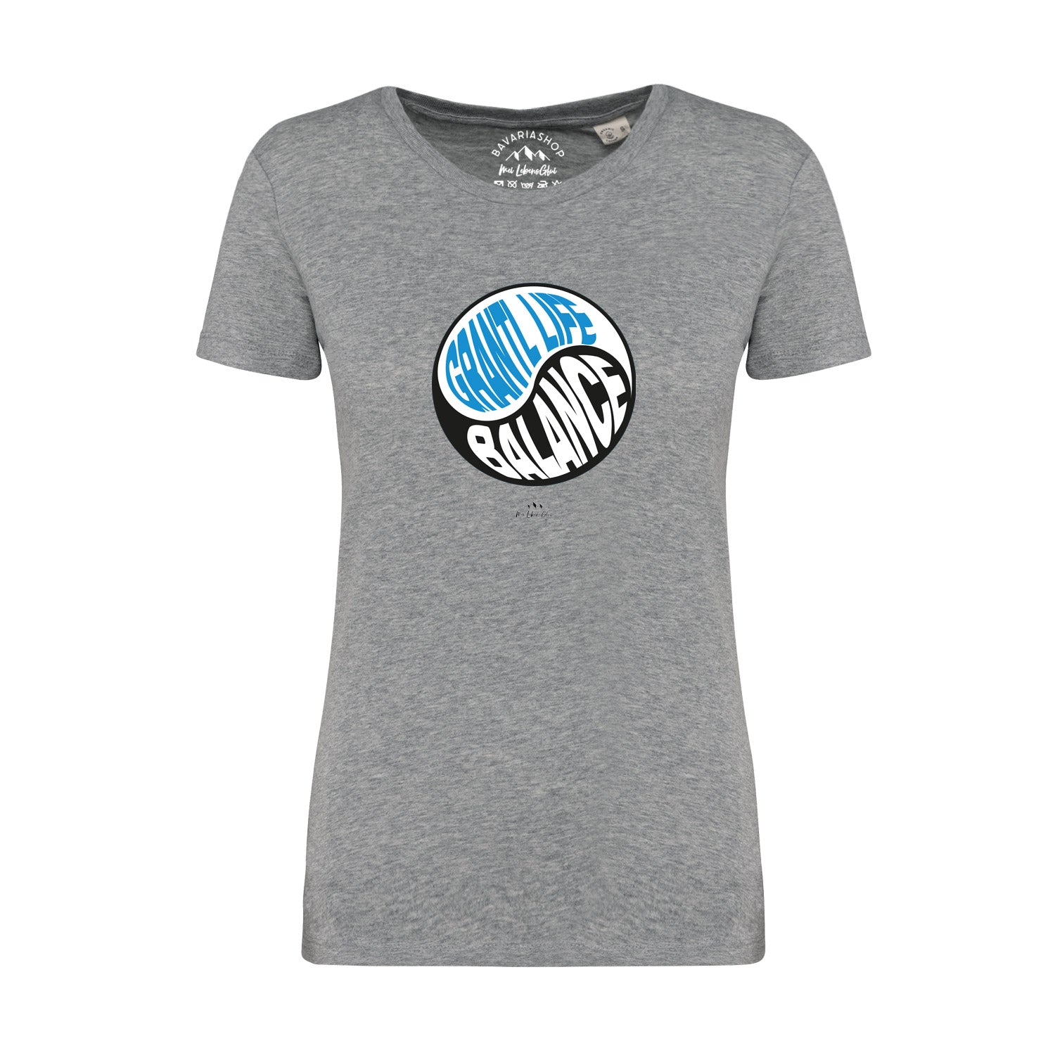 Graumeliertes Damen-T-Shirt mit schwarzem Schriftzug „Grantl life balance“, runder Halsausschnitt, aus Bio-Baumwolle.