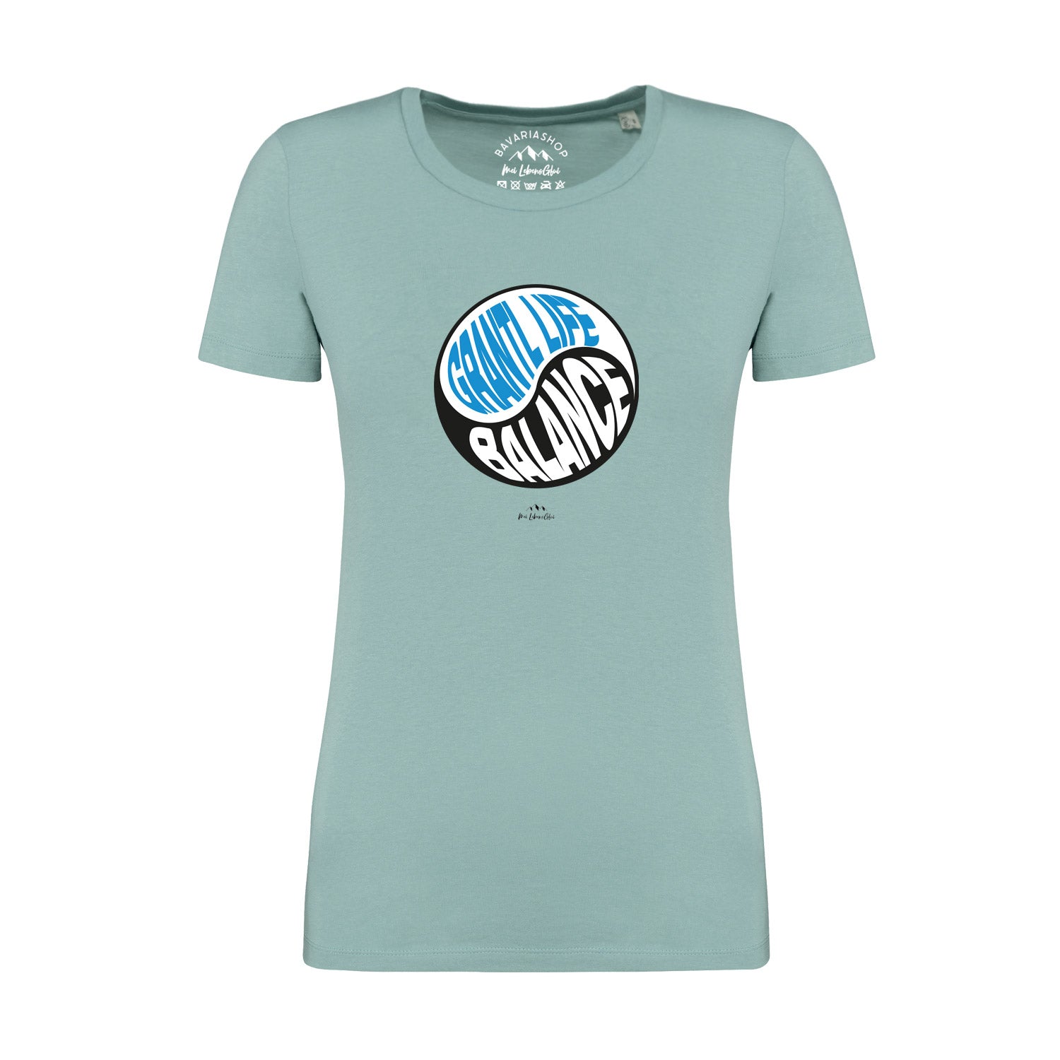 Pastellgrünes Damen-T-Shirt mit Aufdruck „Grantl life balance“, Rundhalsausschnitt, 100 % Bio-Baumwolle.