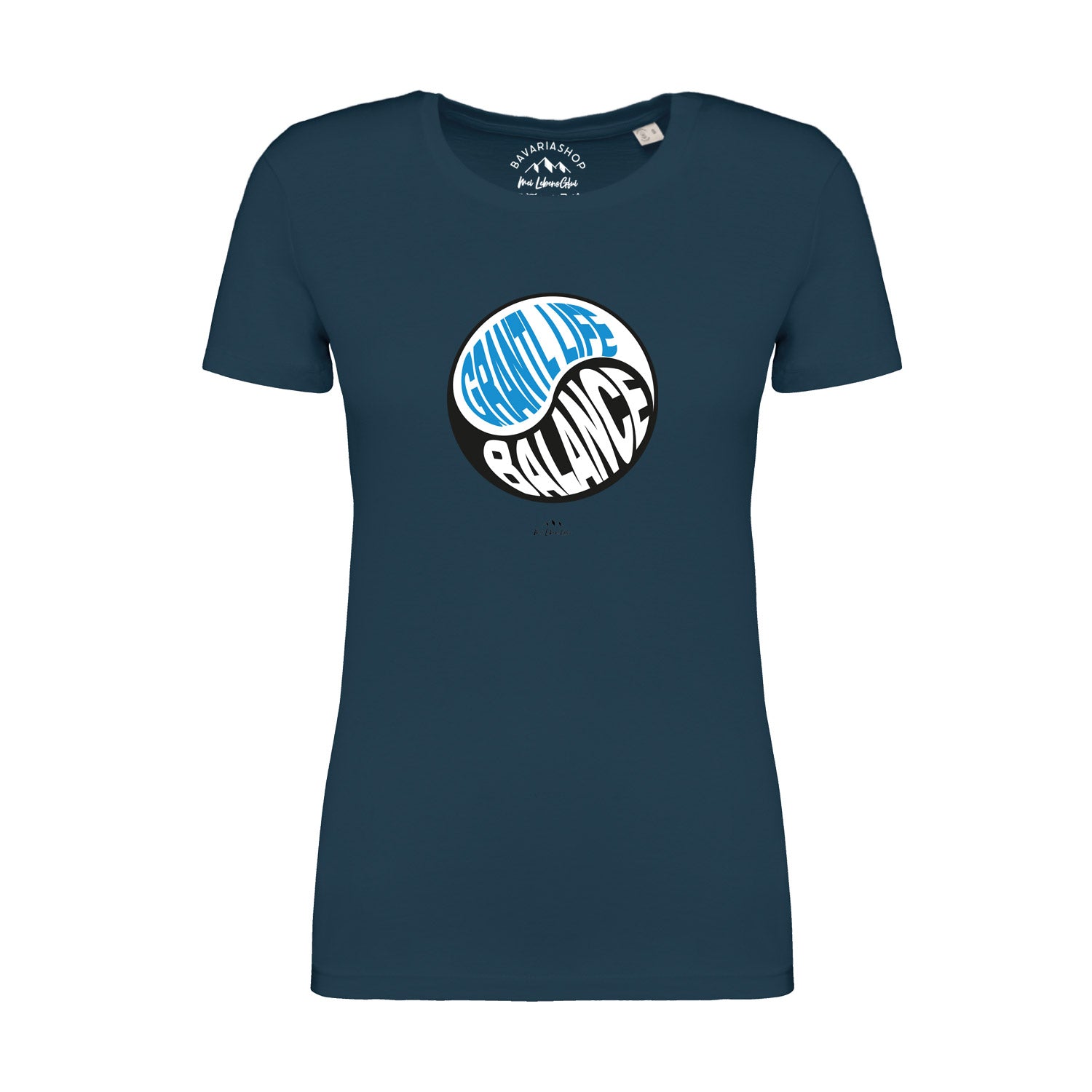 Damen-T-Shirt in Pfauenblau mit weißem Print „Grantl life balance“, Rundhals, gerade Form, aus Bio-Baumwolle.