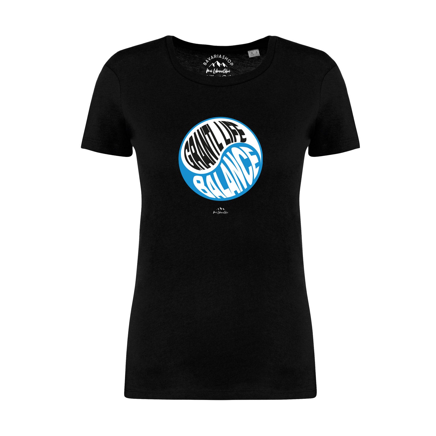 Schwarzes Damen-T-Shirt mit weißem „Grantl life balance“-Schriftzug, Rundhalsausschnitt, 100 % Bio-Baumwolle.