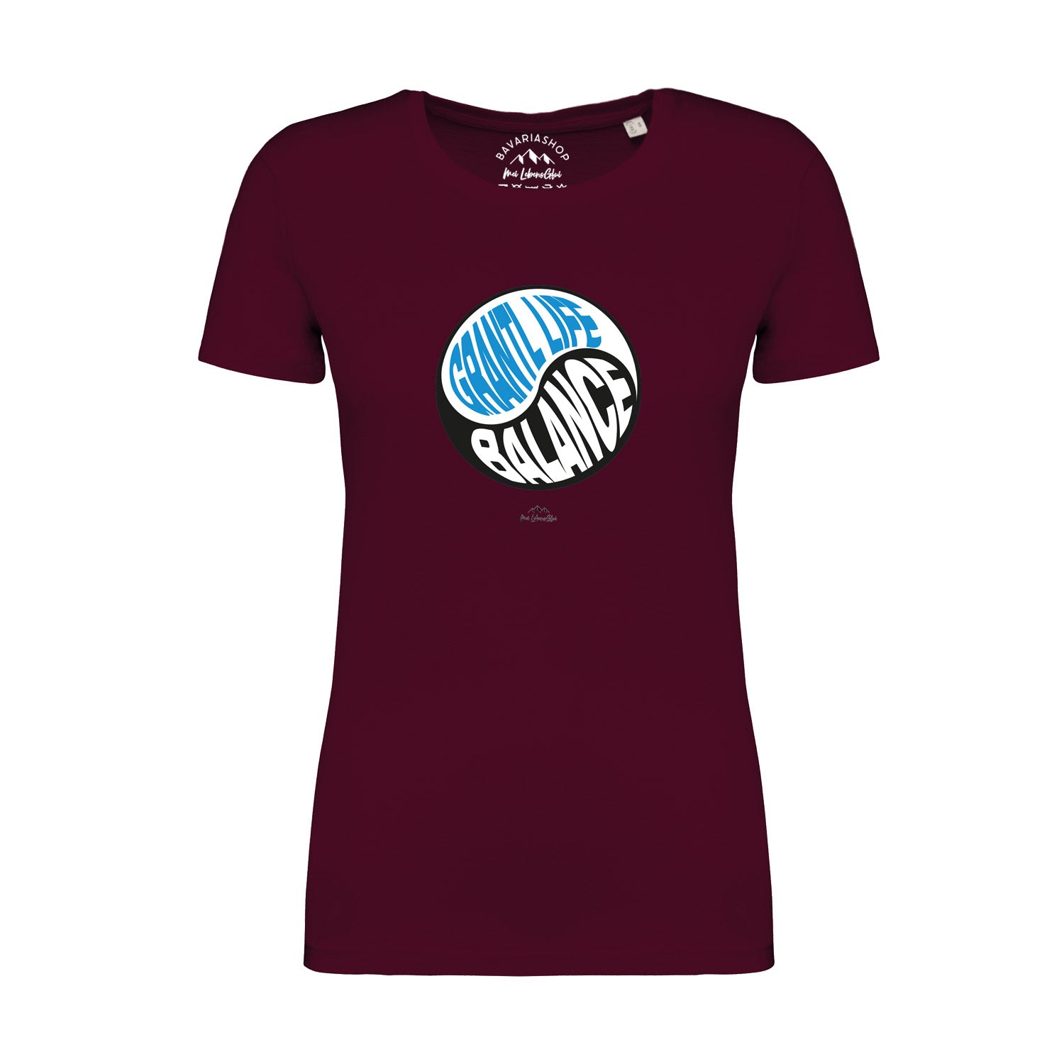 Damen T-Shirt in Weinrot mit weißem Schriftzug „Grantl life balance“, aus 100 % Bio-Baumwolle, klassisch geschnitten.
